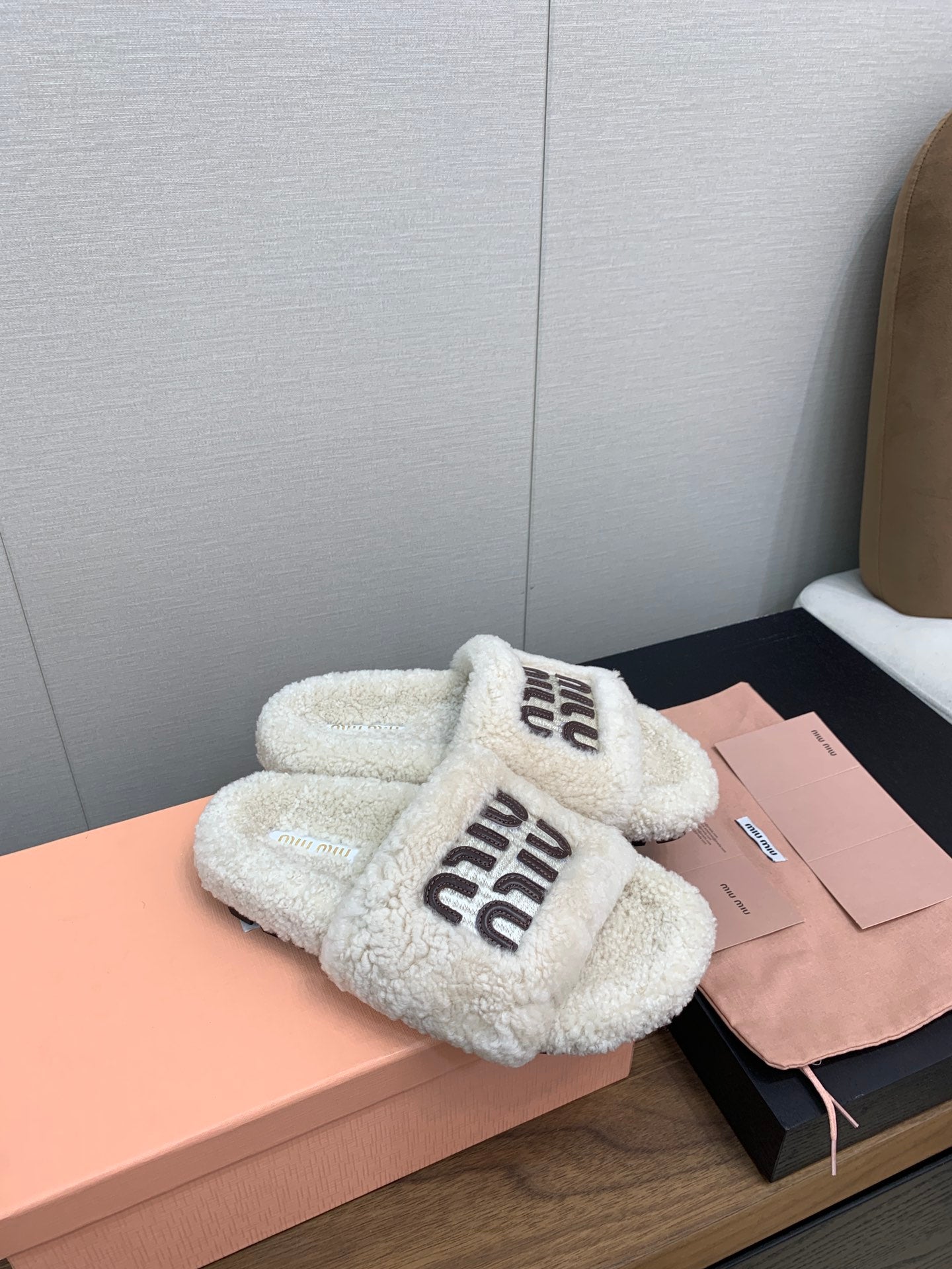Miu Slippers Retro White With Brown Lettering Pure Wool