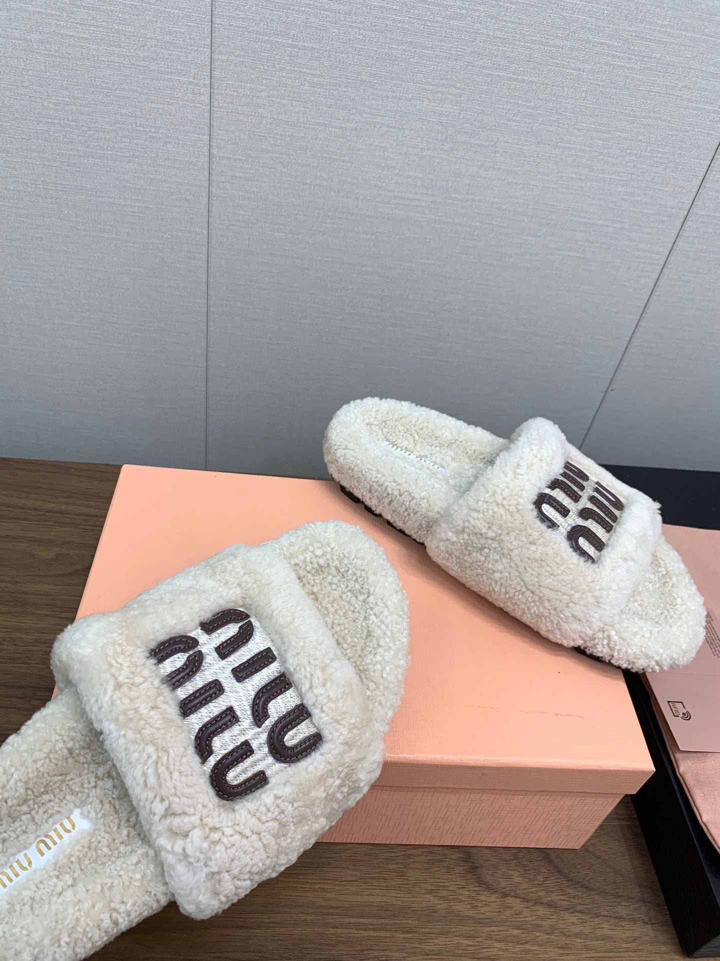 Miu Slippers Retro White With Brown Lettering Pure Wool