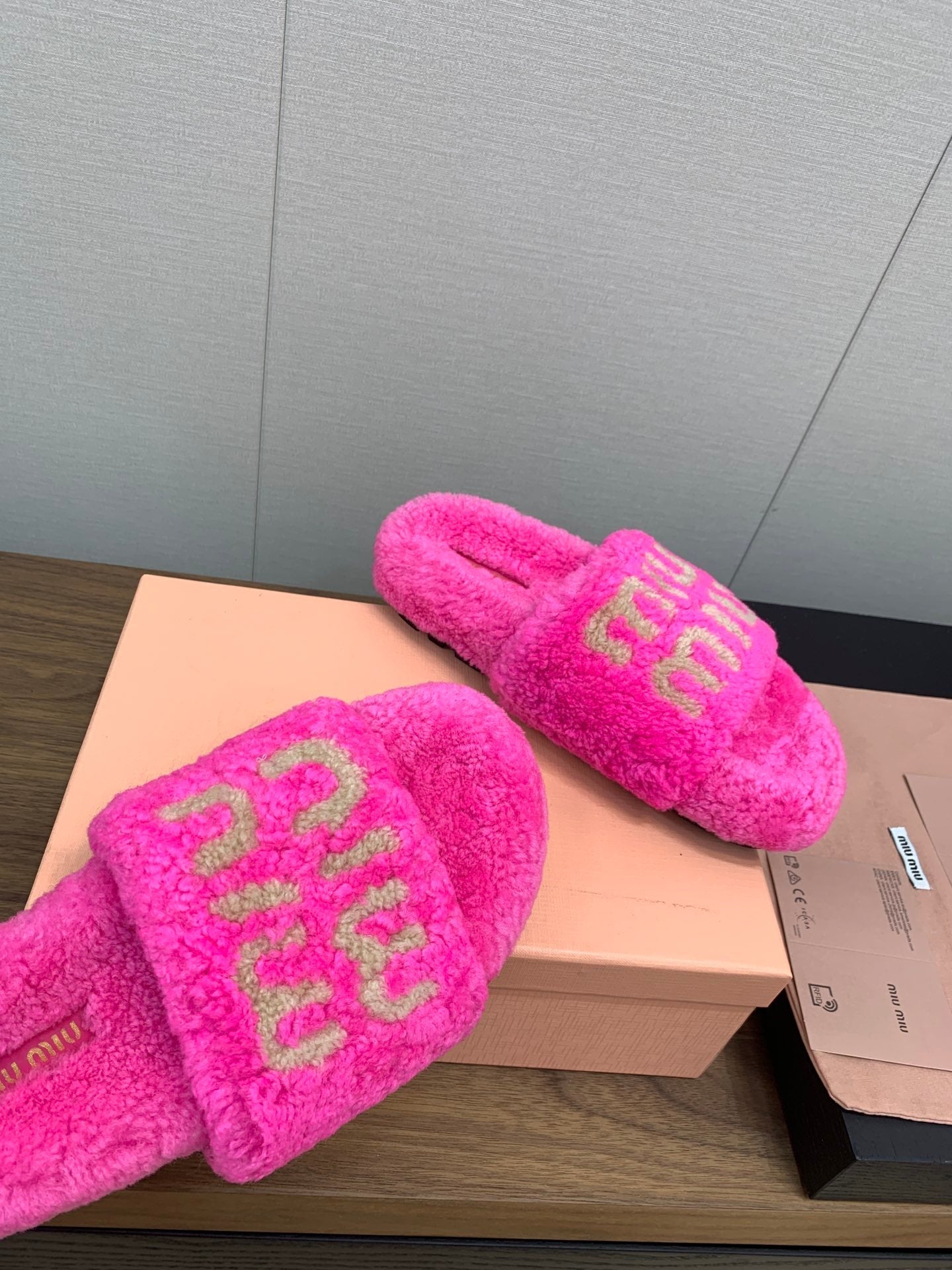 Miu slippers Pink With Light Brown Lettering Pure Wool