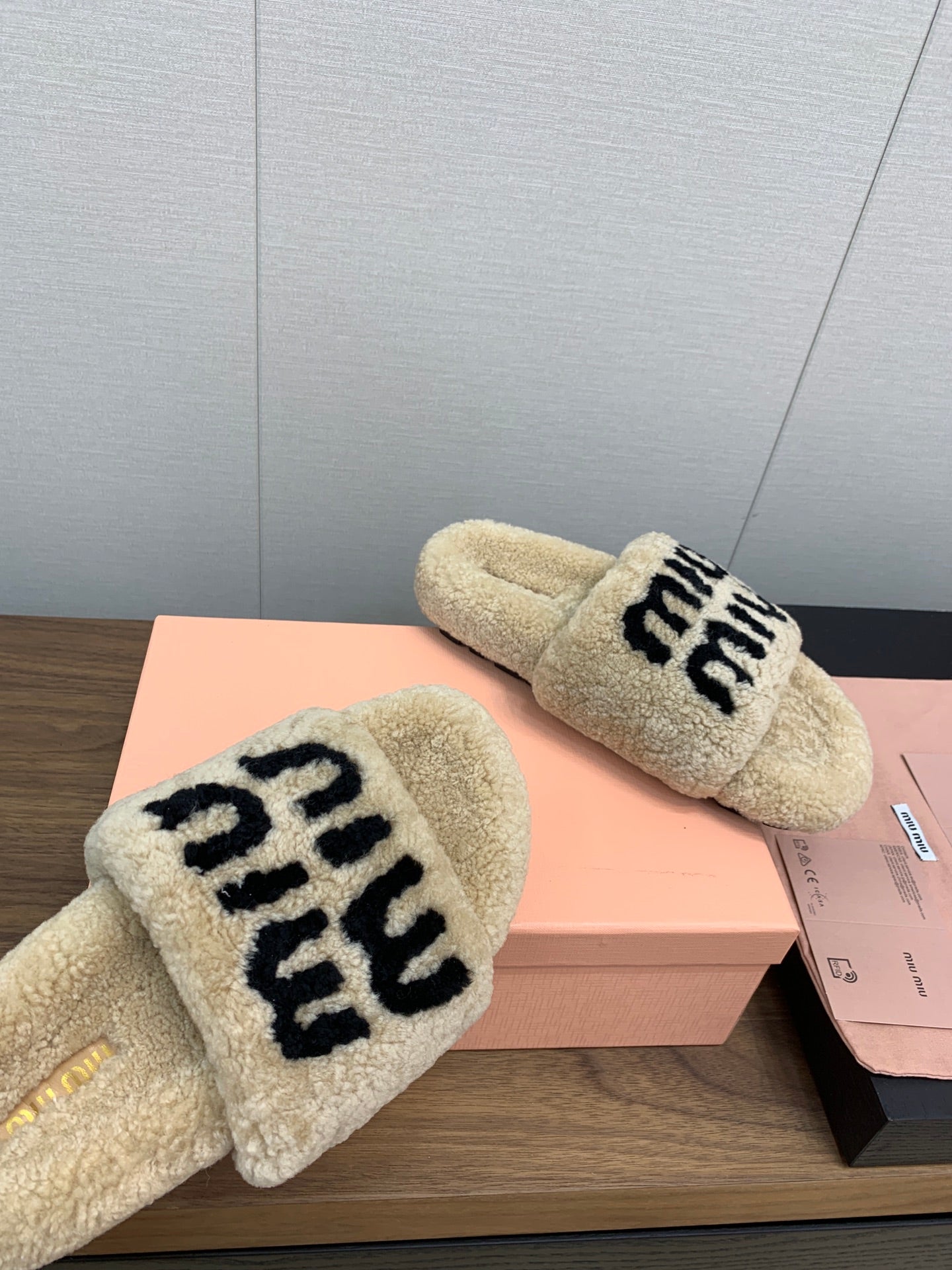 Miu slippers Beige With Black Lettering Pure Wool