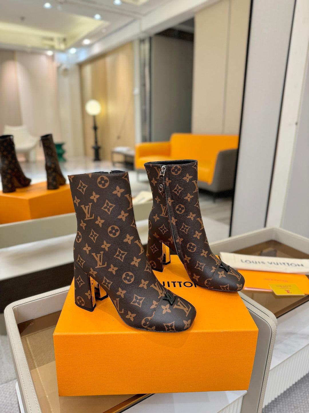 LV Ankle Boots 90 Monogram Brown Sheepskin 573714