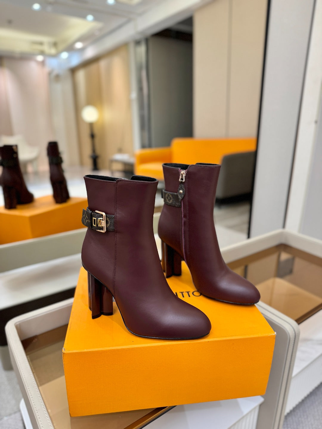 LV 25 Runway Ankle Boots 100 Dark Burgundy Calfskin Mix Belt  573868