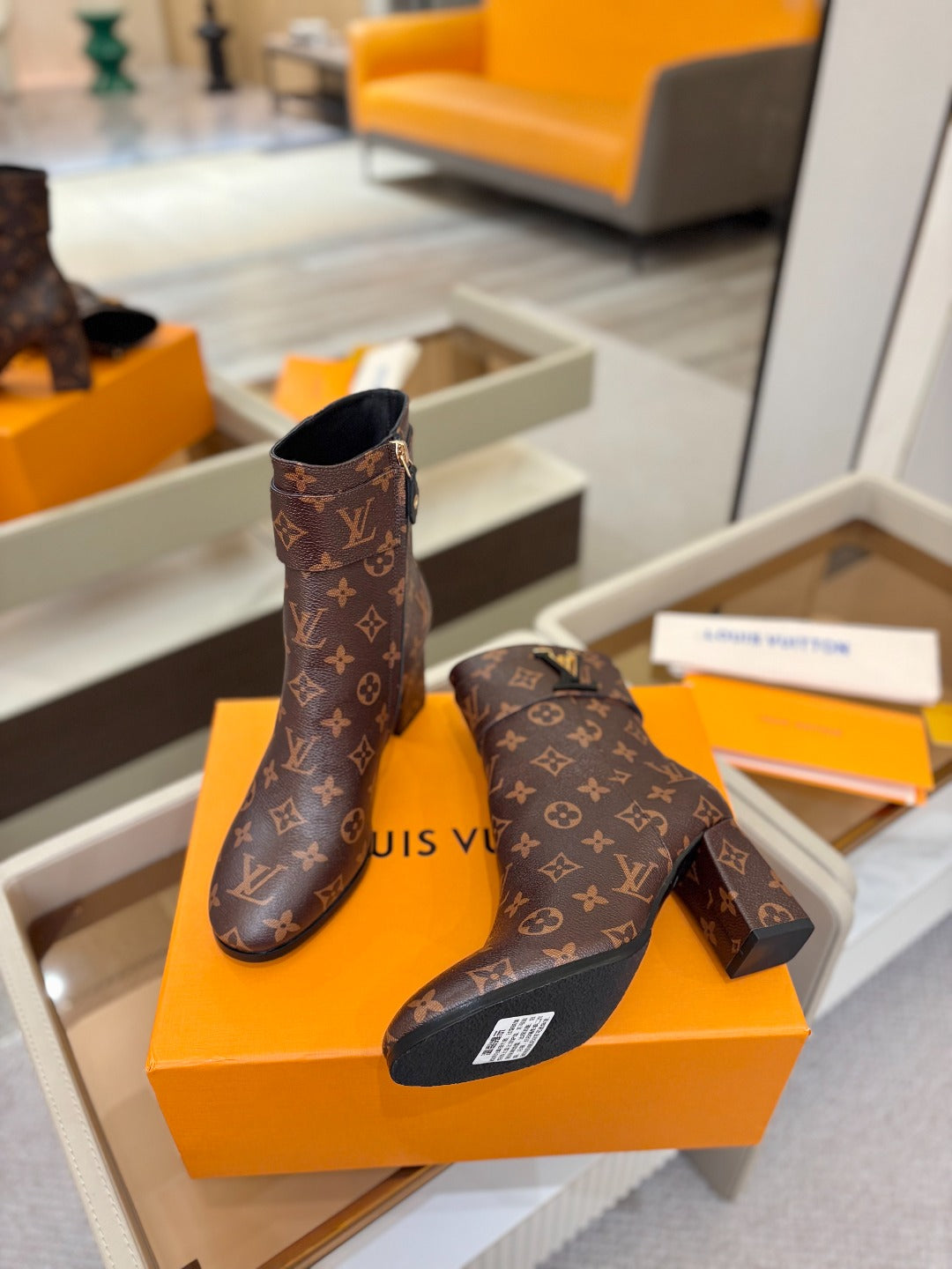 LV Ankle Boots 75 Monogram Brown Sheepskin 573729