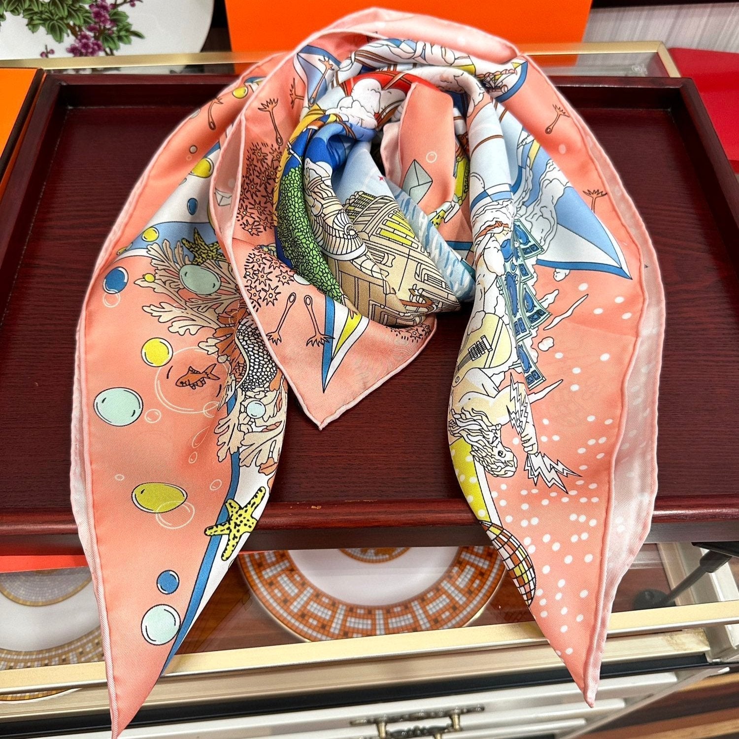 Square Scarf 90 CM Pink Orange Colorful Silk