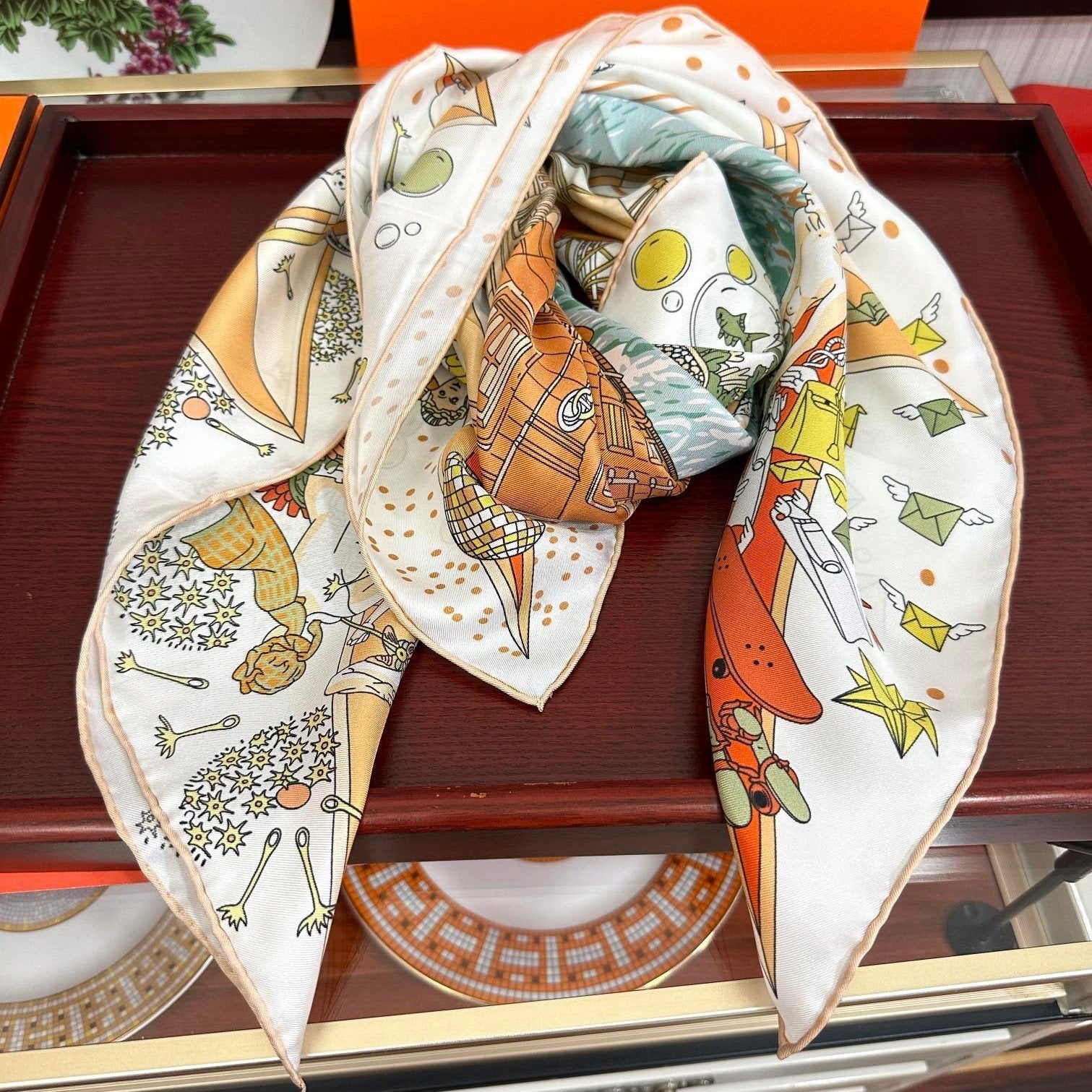 Square Scarf 90 CM White Colorful Silk