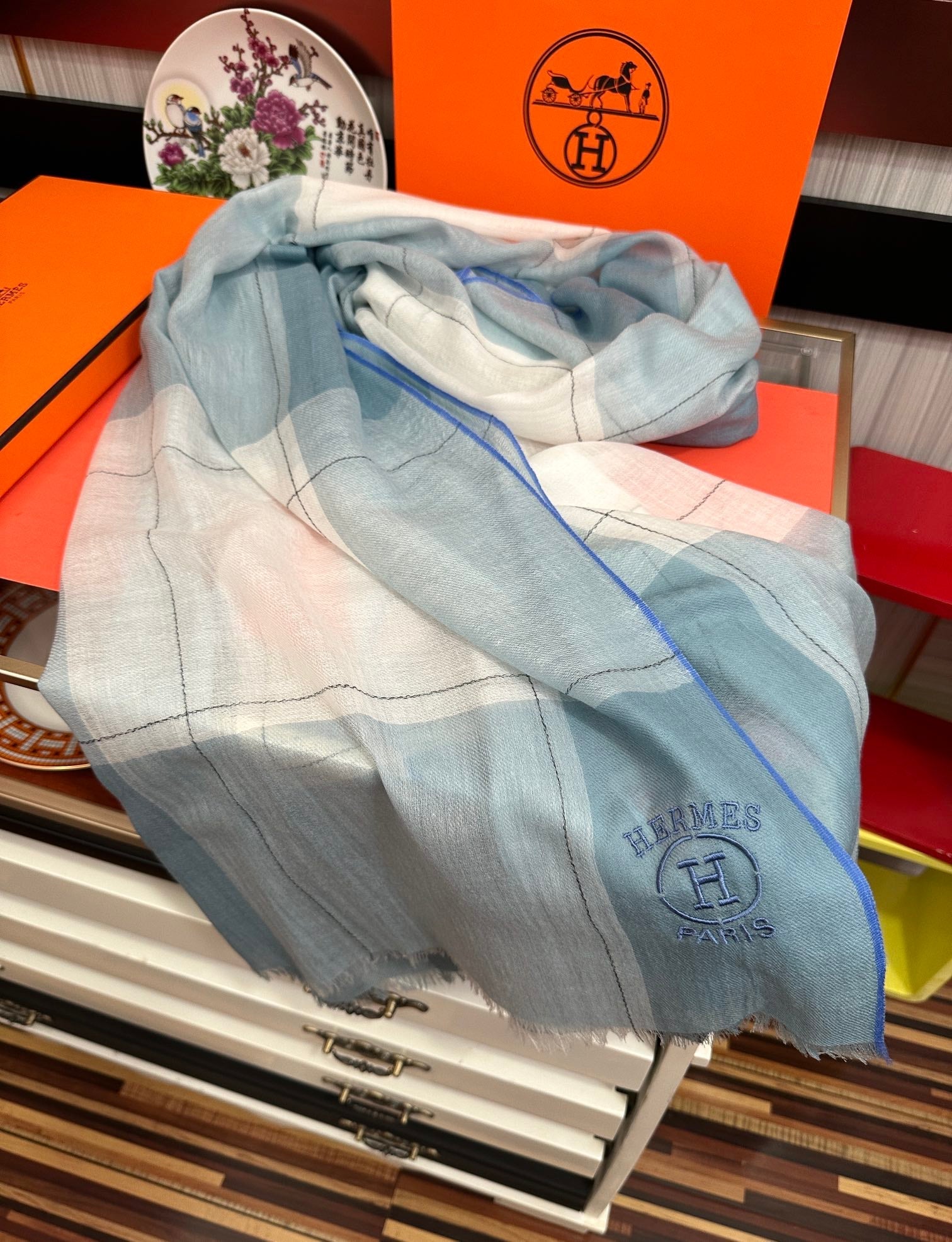 Scarf 90 Cm Light Blue Mix White Caro Cashmere