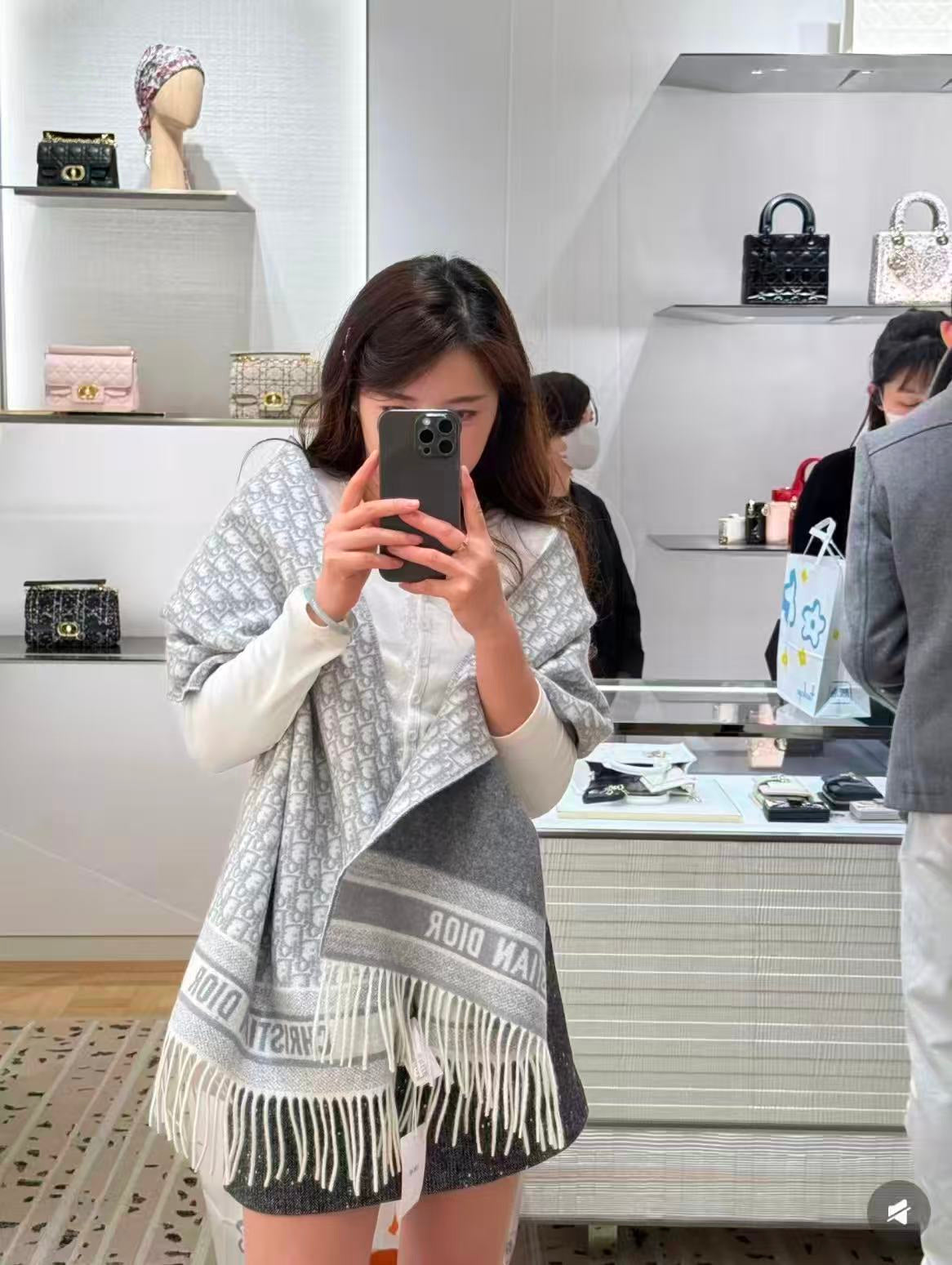 CD Oblique Print Scarf 200CM Gray White Wool 292981