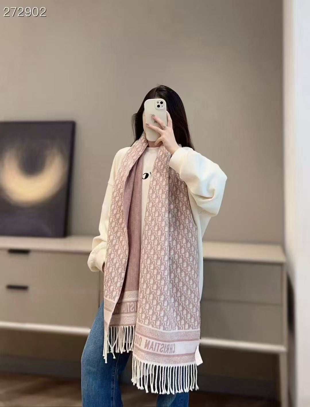 CD Oblique Print Scarf 200CM Light Pink Wool 292982