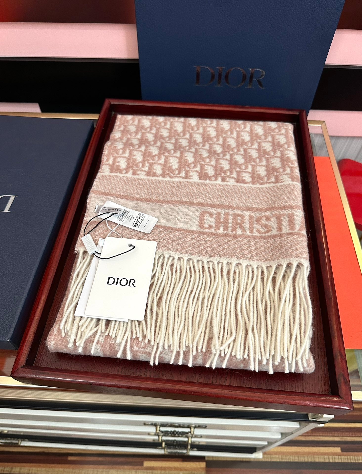 CD Oblique Print Scarf 200CM Light Pink Wool 292982