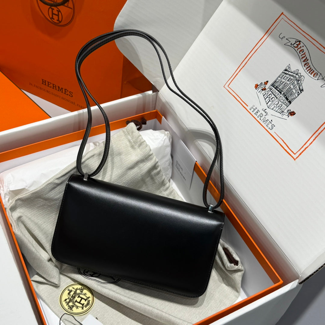 HM Constance Elan 24cm Bag Black Box Calfskin Silver Hardware