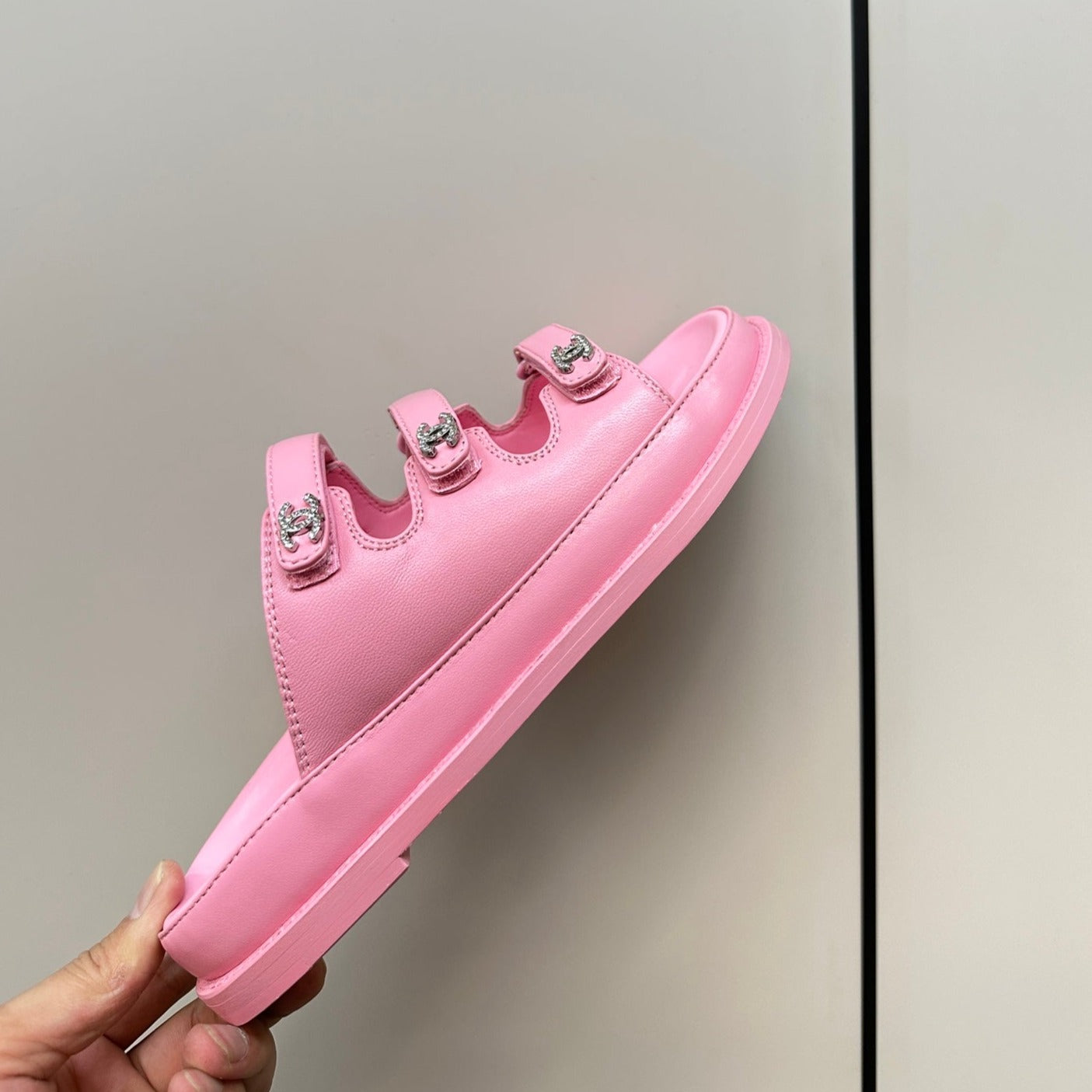 dad sandals pink triple strap lambskin mules