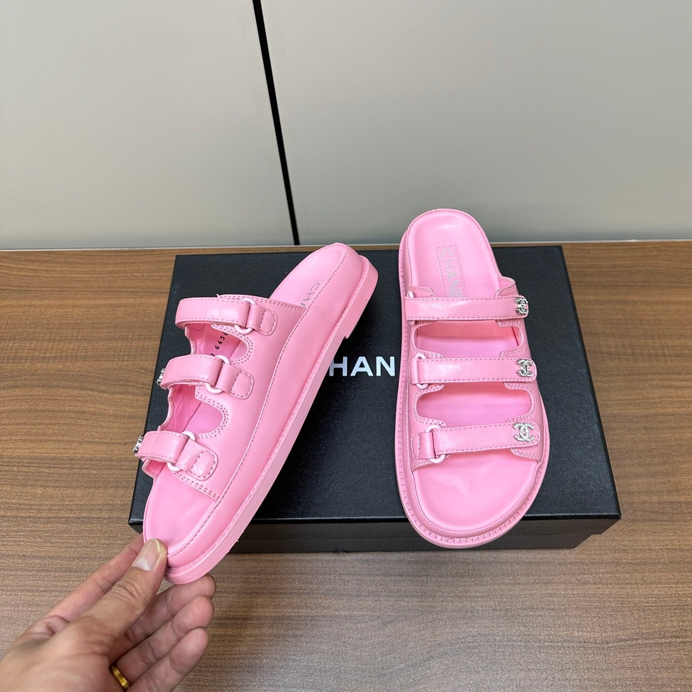 dad sandals pink triple strap lambskin mules