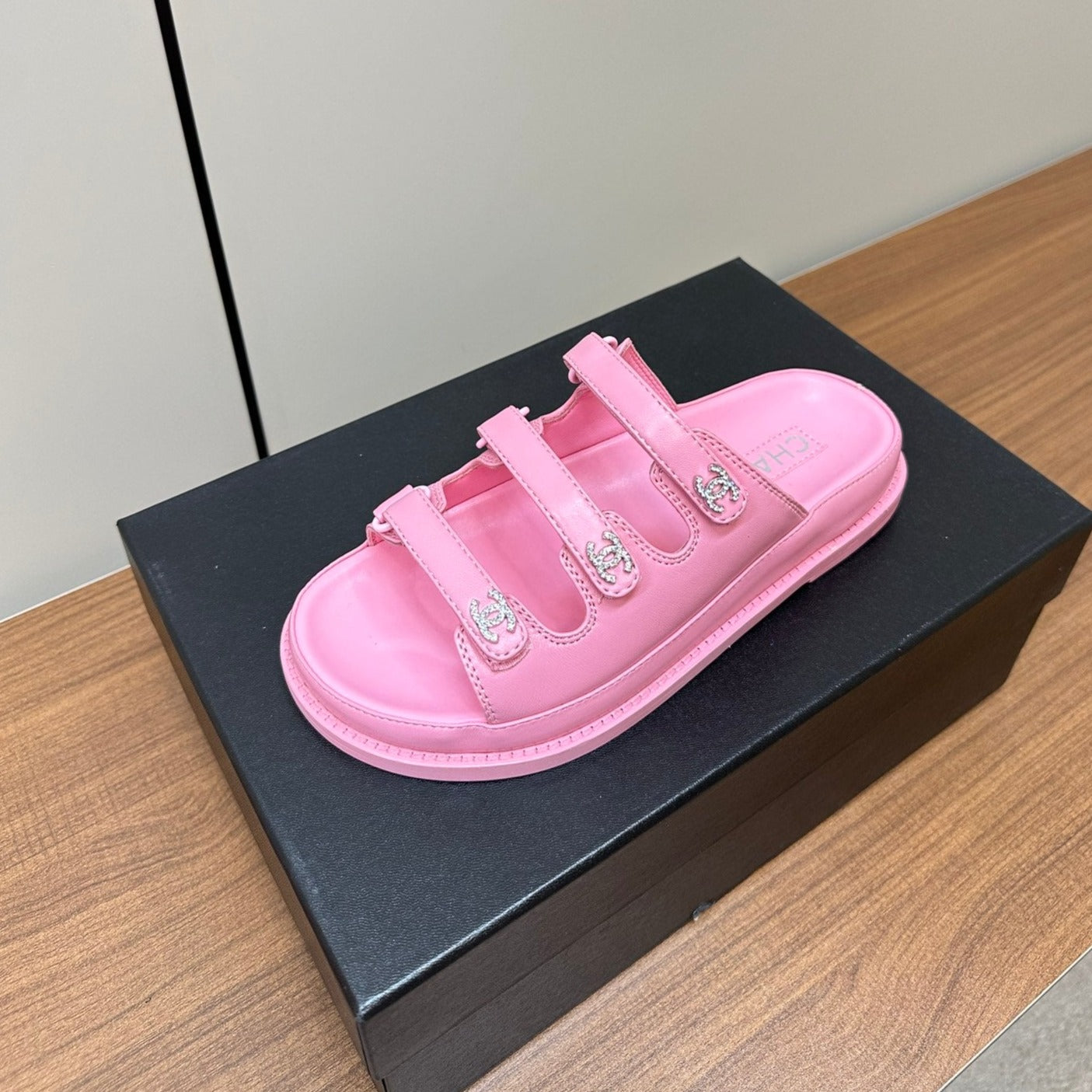 dad sandals pink triple strap lambskin mules