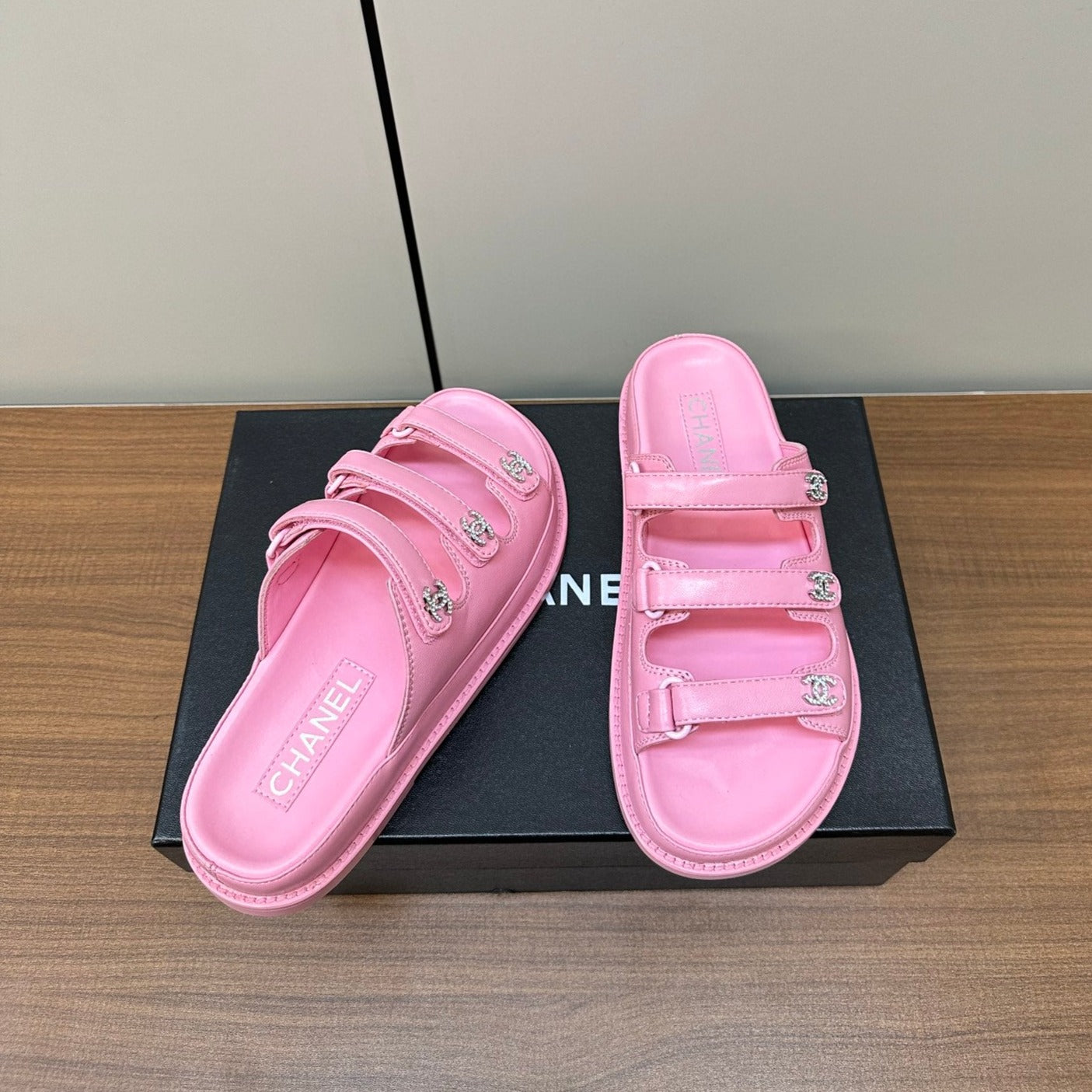 dad sandals pink triple strap lambskin mules