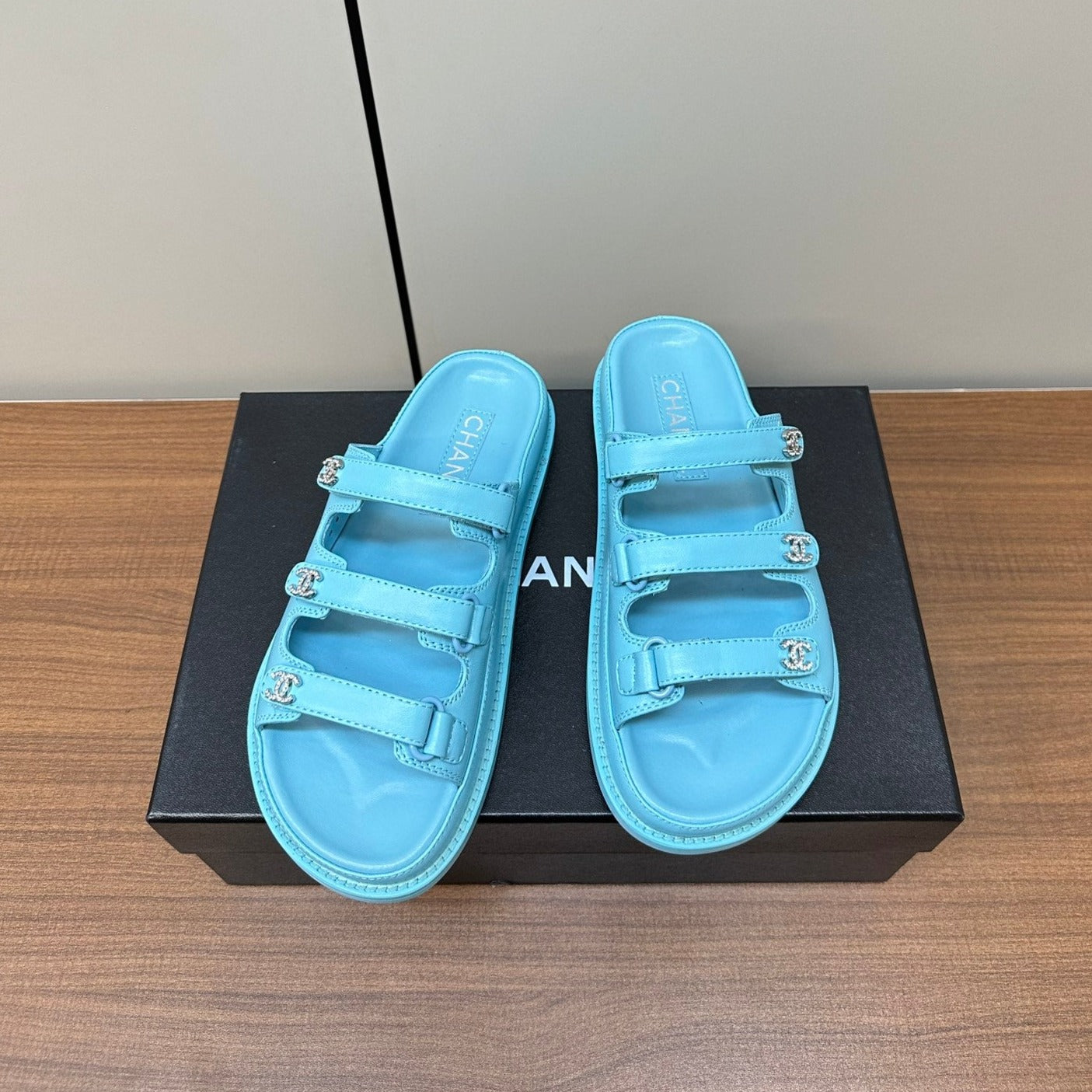 dad sandals cloud blue triple strap lambskin mules