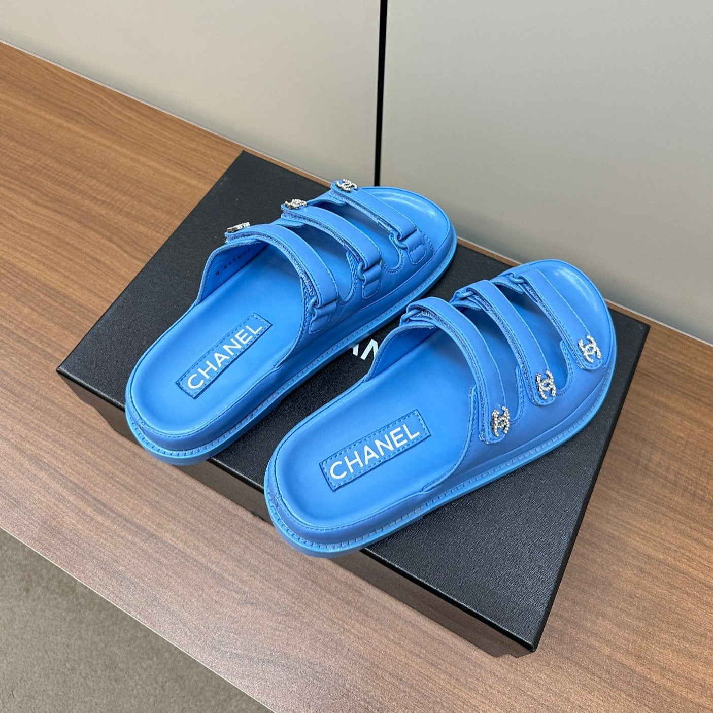 dad sandals dodger blue triple strap lambskin mules