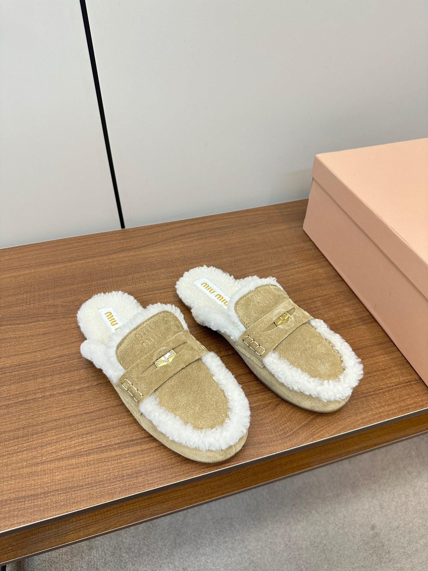 Miu Mule Half Fur Light Brown Suede