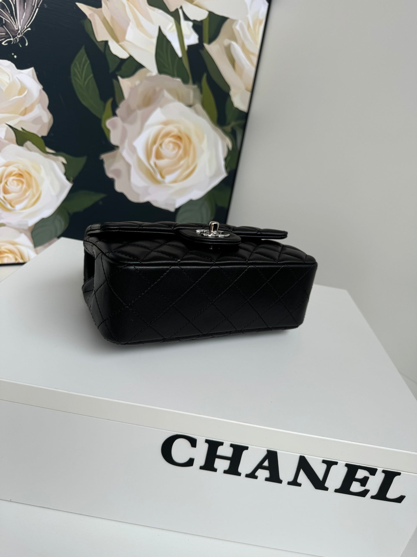 24c mini flap bag 20cm with top handle black calfskin silver hardware