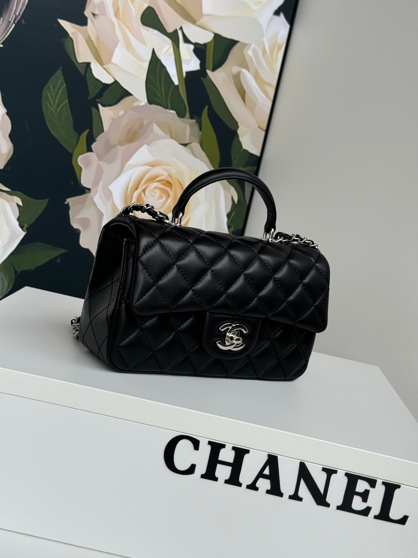 24c mini flap bag 20cm with top handle black calfskin silver hardware
