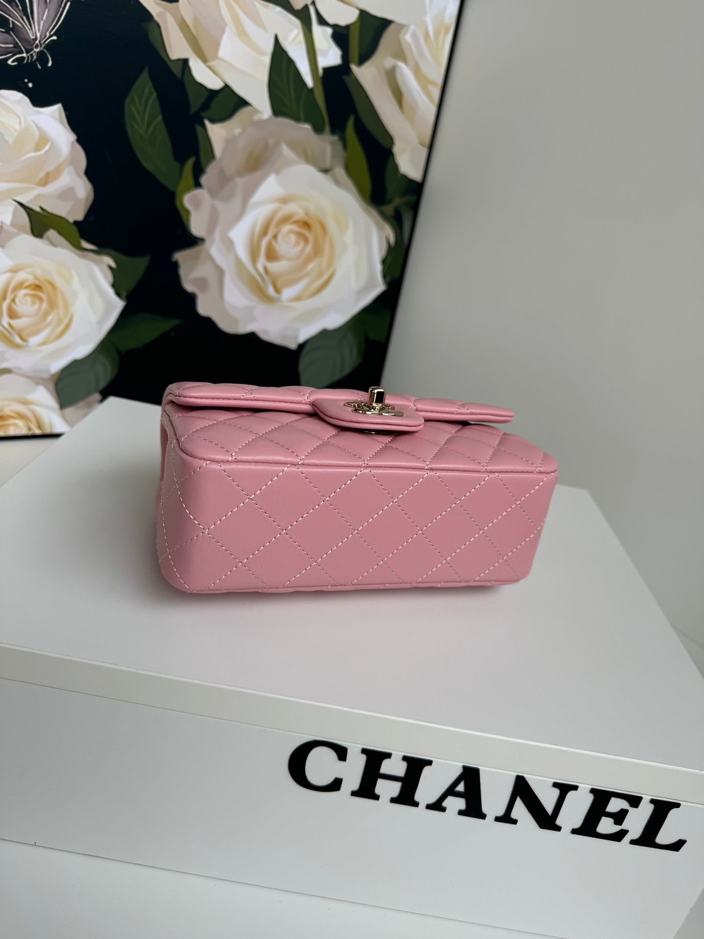 24c mini flap bag 20cm with top handle pink calfskin silver hardware