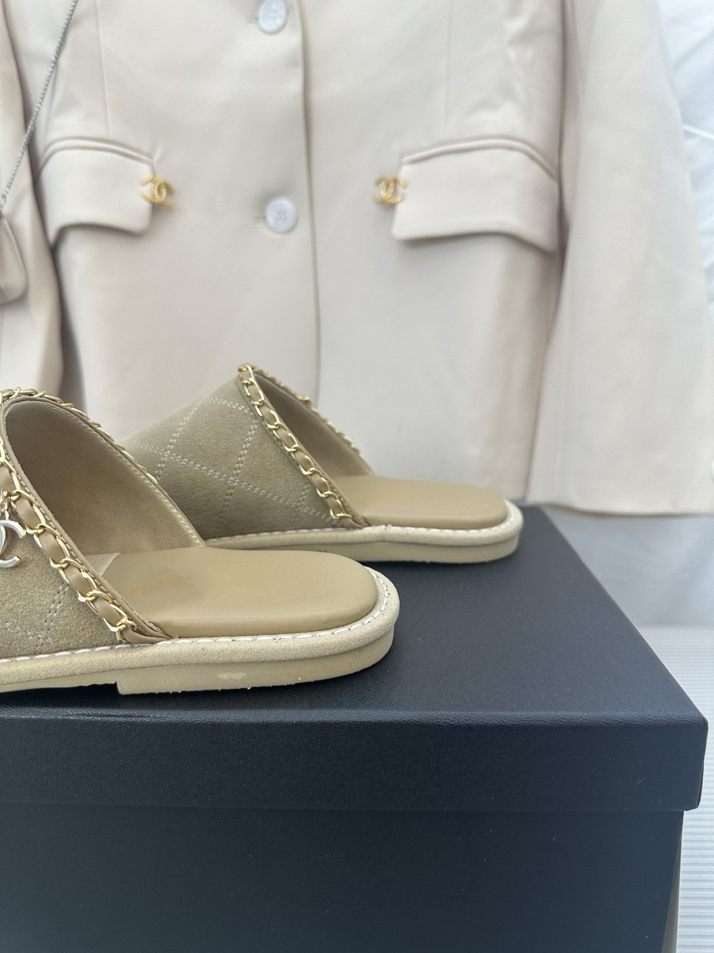 CC Khaki Green Suede Gold Chain Mules