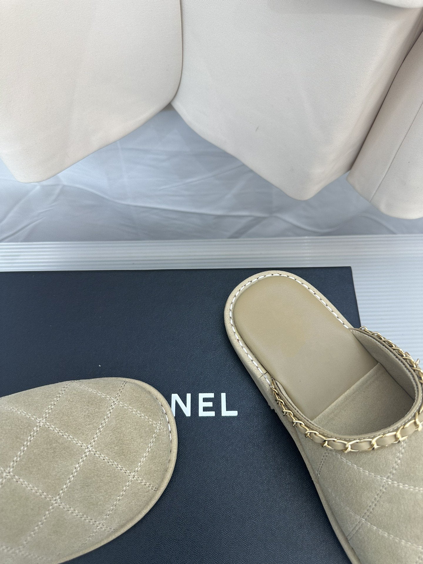 CC Khaki Green Suede Gold Chain Mules