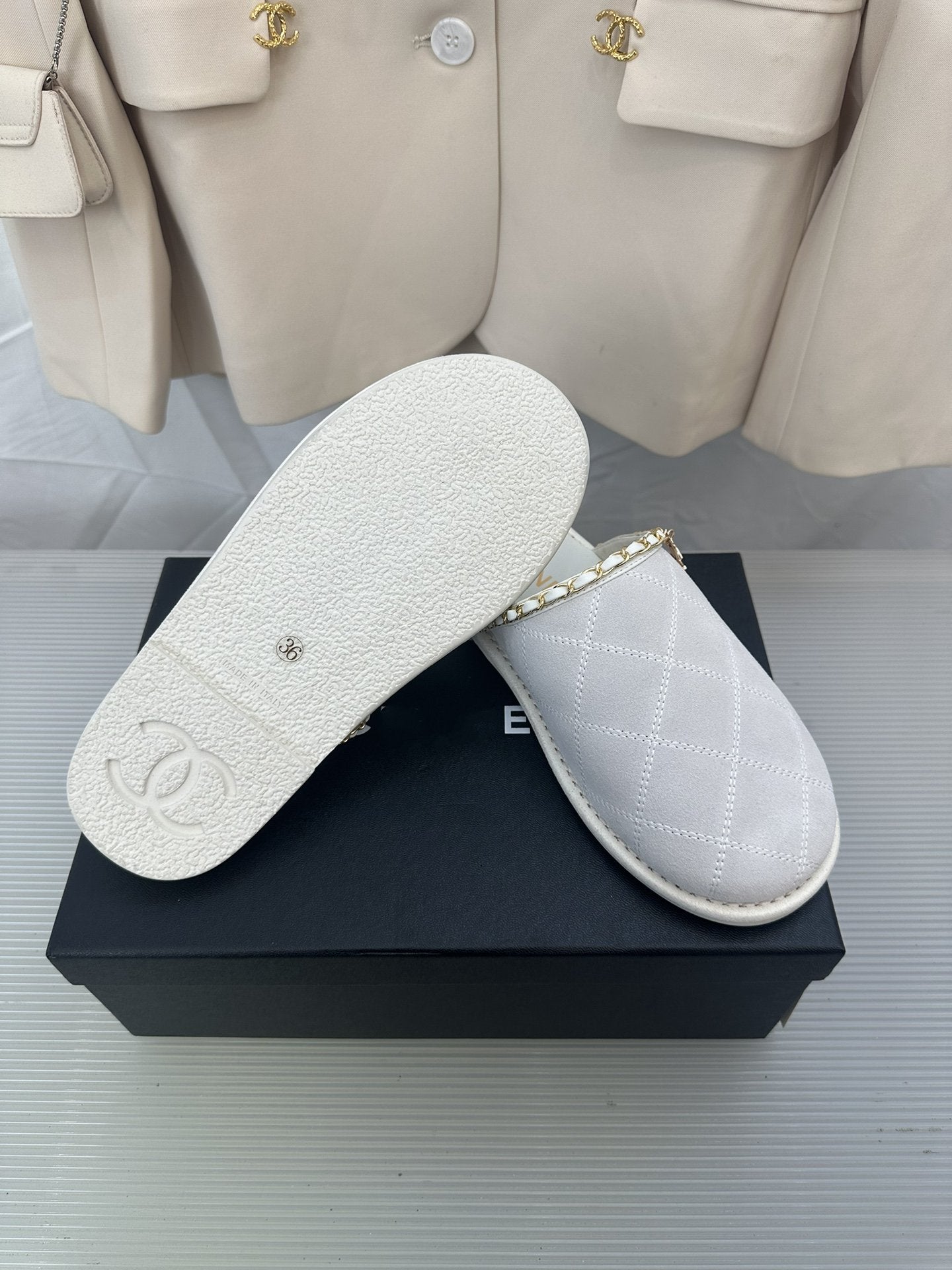 CC White Suede Gold Chain Mules