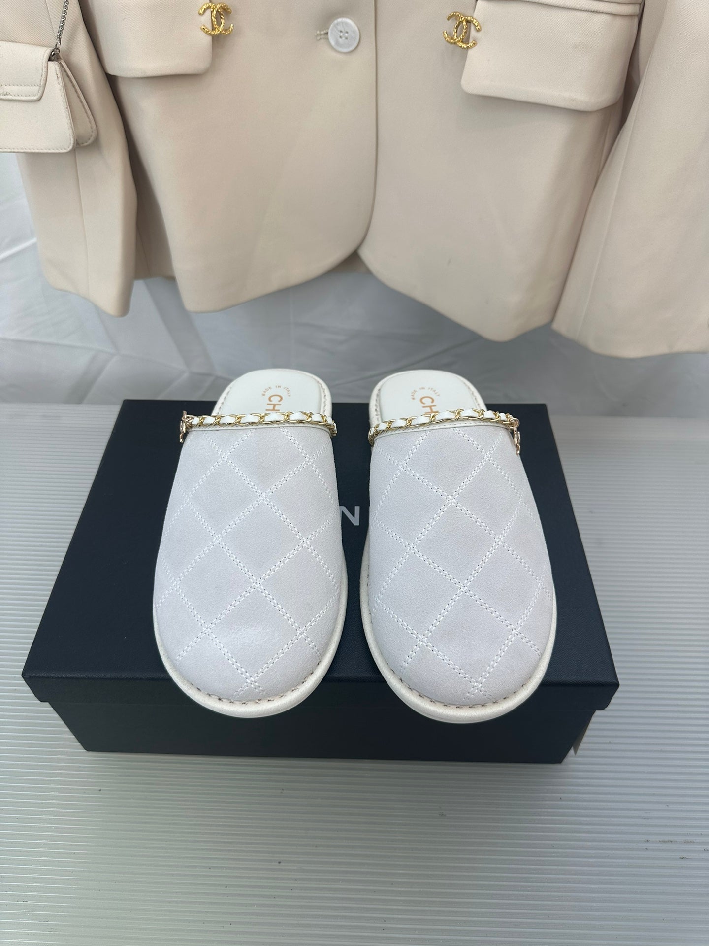 CC White Suede Gold Chain Mules
