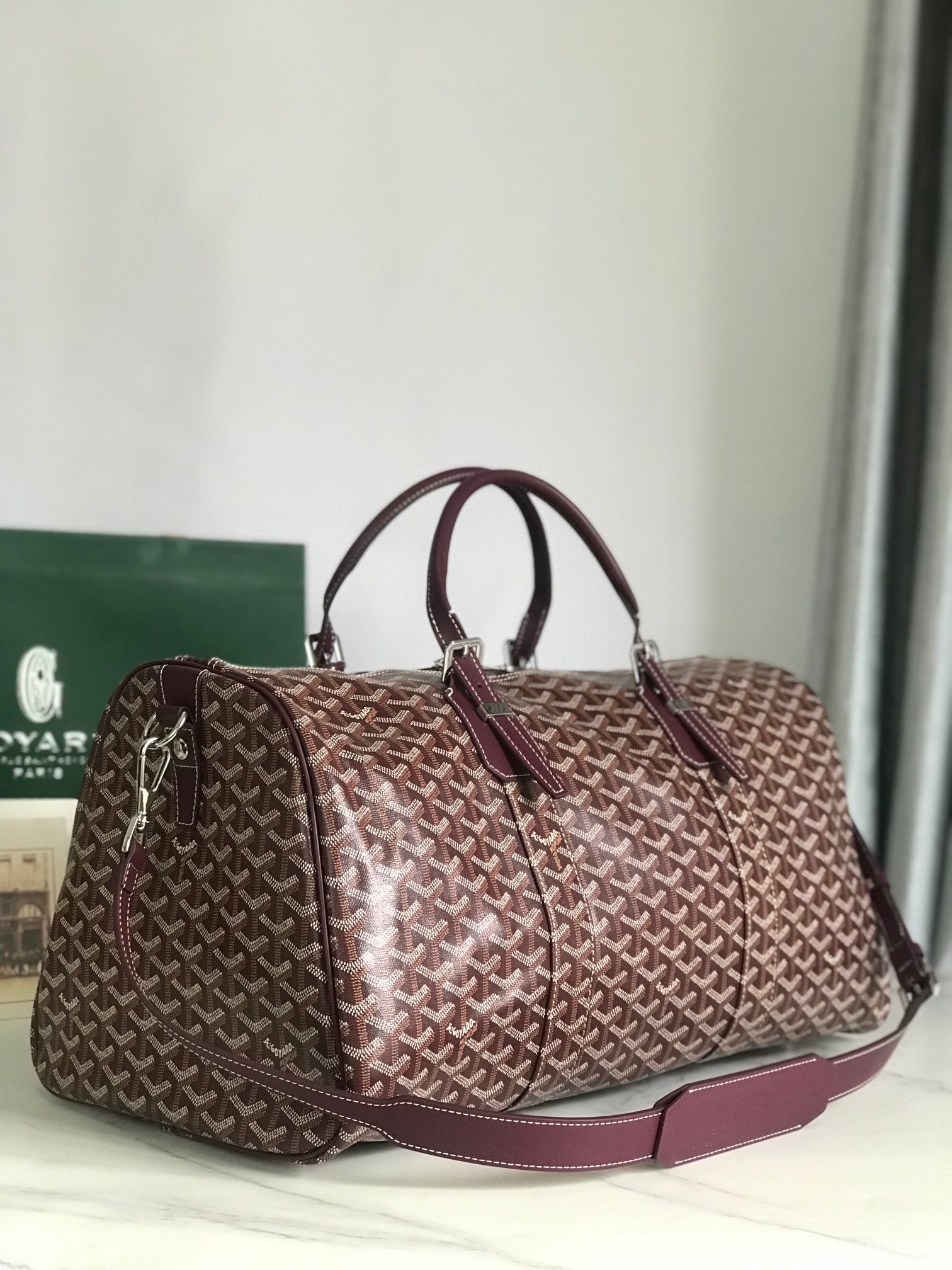 BOSTON 50 BAG IN WINE RED GOYARDINE CANVAS AND CALFSKIN TRIM