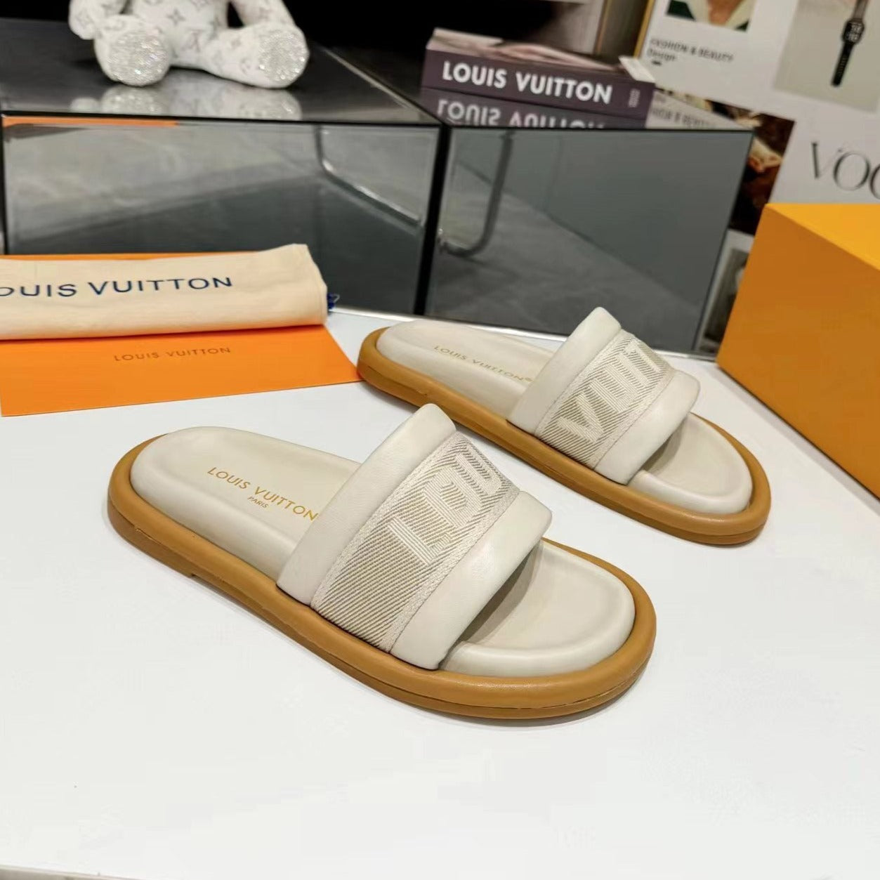 lv bliss flat mule cream canvas calfskin