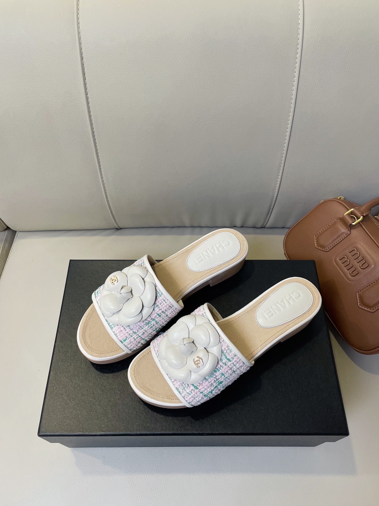 cc mule sandal 45 pink blue fabric beige calfskin