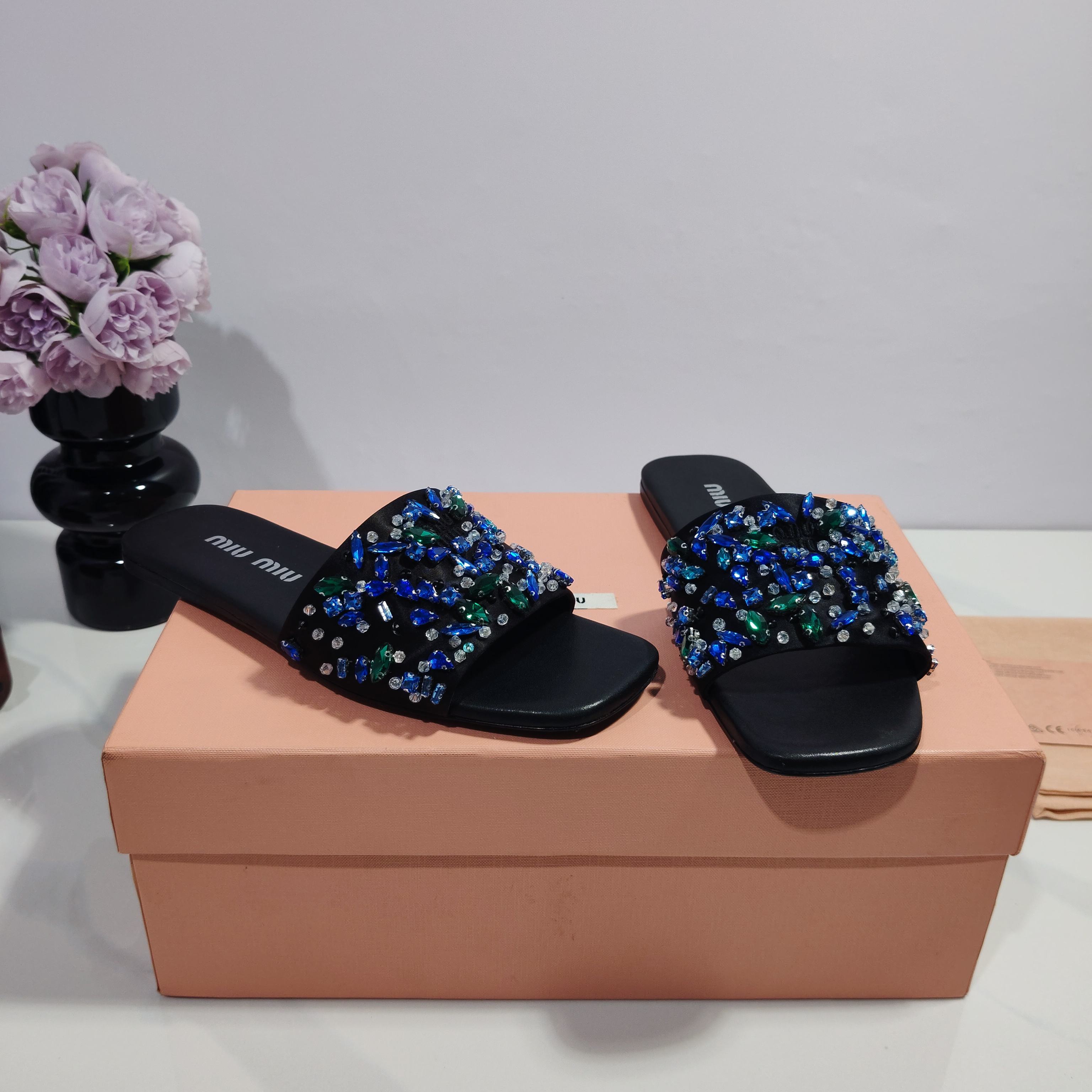 Miumiu 2026 Crystal Embellished Slide Sandals Satin 941769