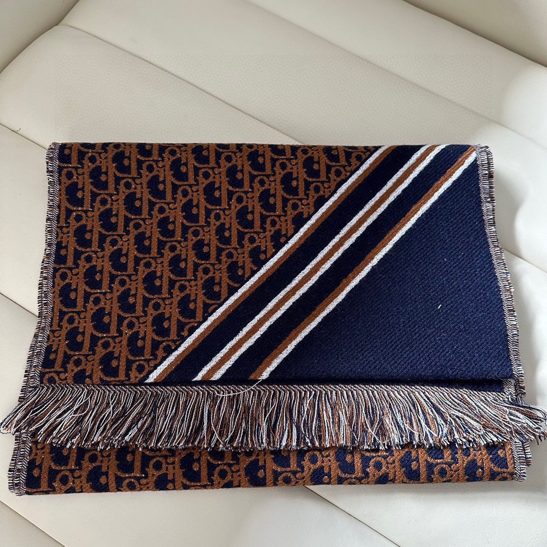 Dior 2026 Oblique Scarf 200cm Brown Mix Navy Blue Wool 199289