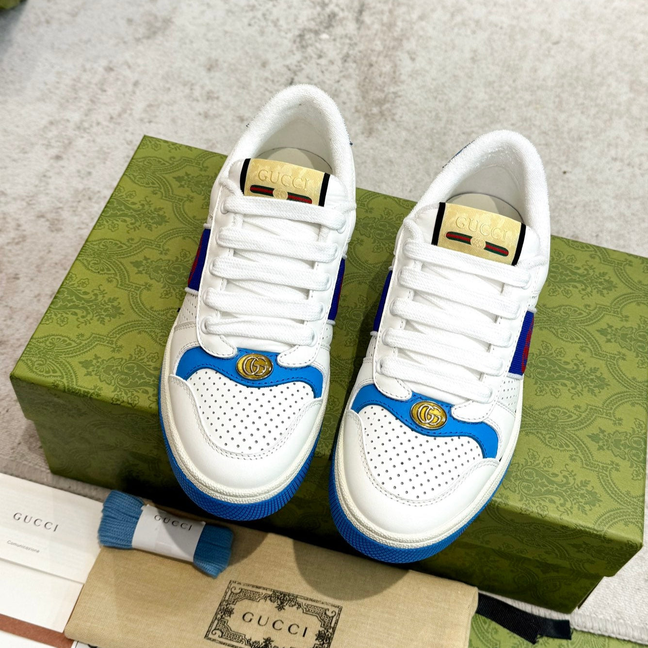 GG Men's Screener Sneaker White Blue Sheepskin 574737