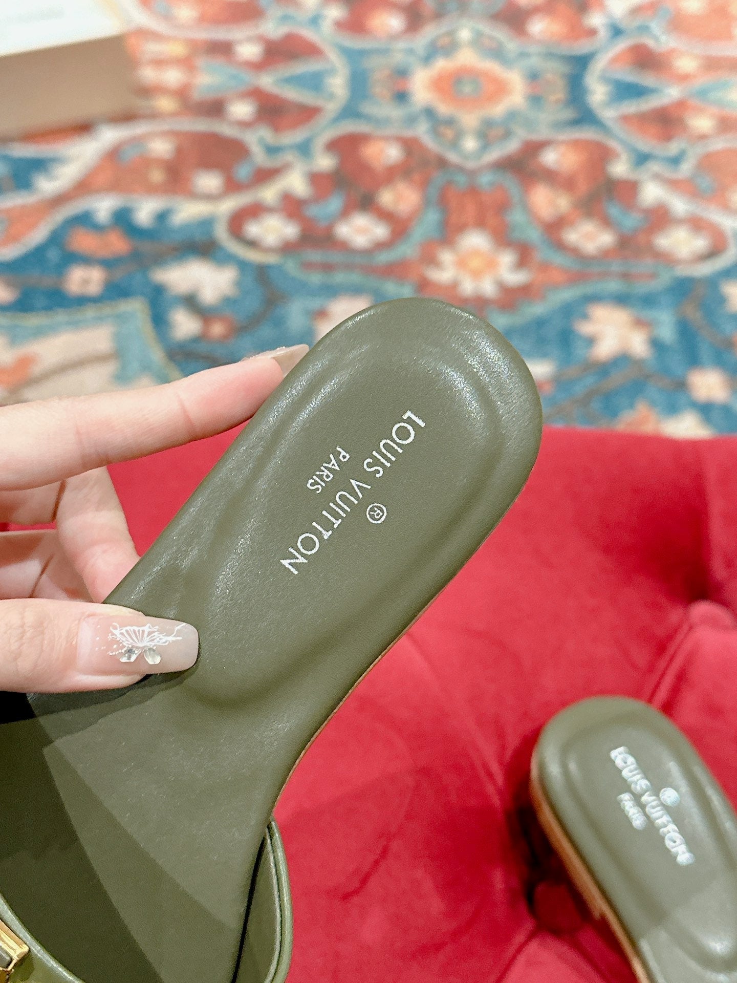 lv capri flat mule khaki green calfskin