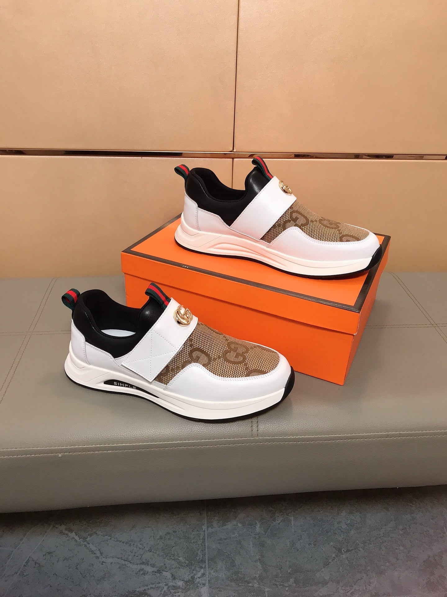 GG Men's Slip on White Brown Cowhide Canvas 530404