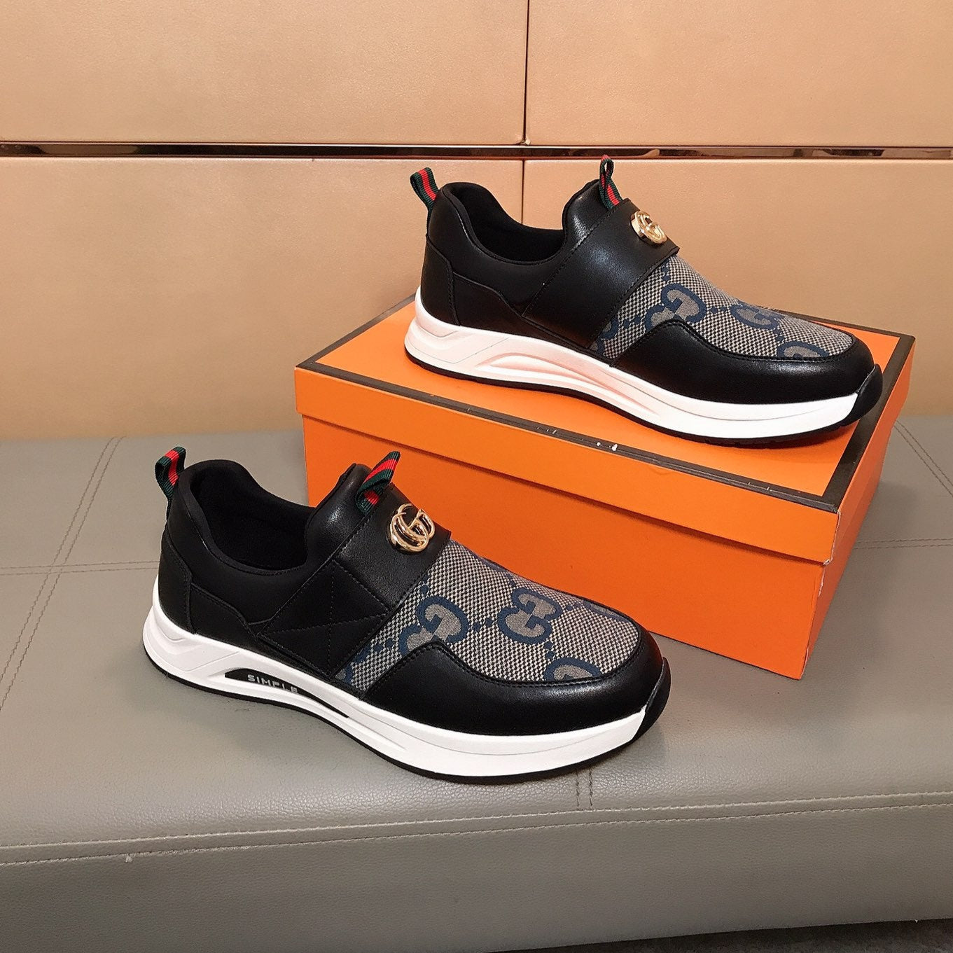 GG Men's Slip on Black Blue Cowhide Canvas 530403