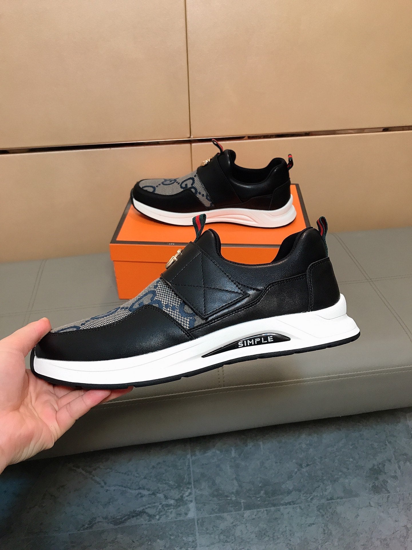 GG Men's Slip on Black Blue Cowhide Canvas 530403