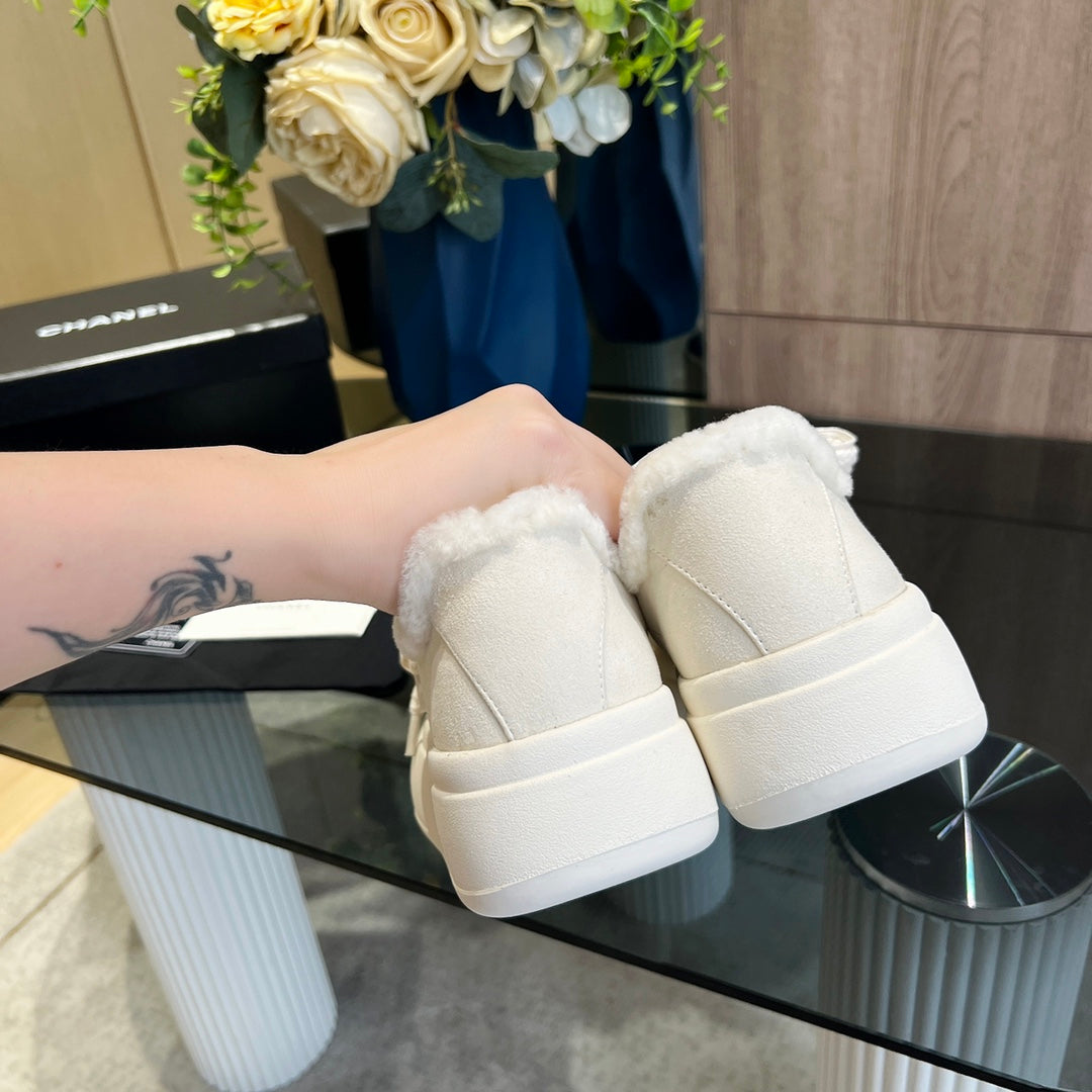 CC Sneaker Thick-Soled White Suede Wool Lining Fleece