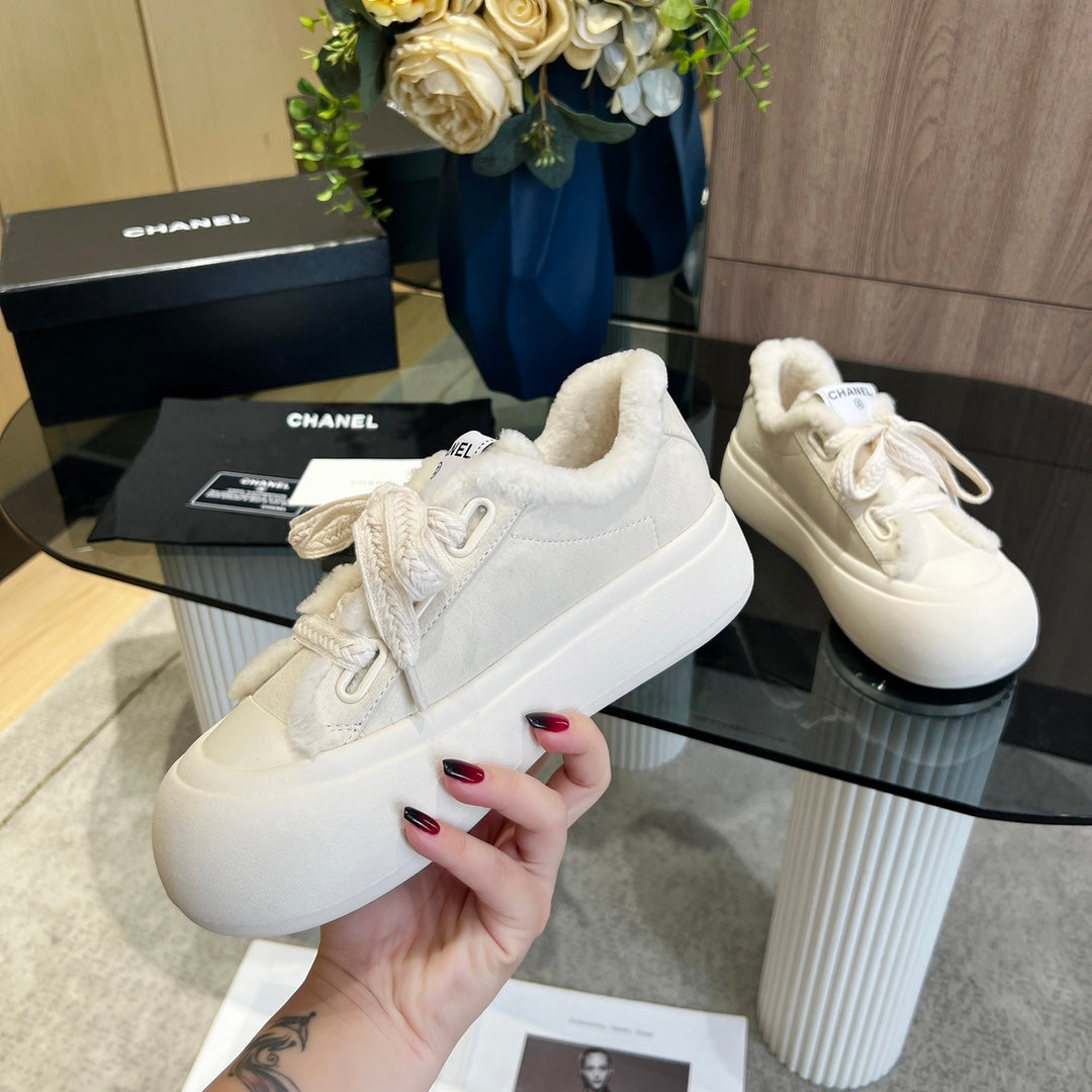 CC Sneaker Thick-Soled White Suede Wool Lining Fleece