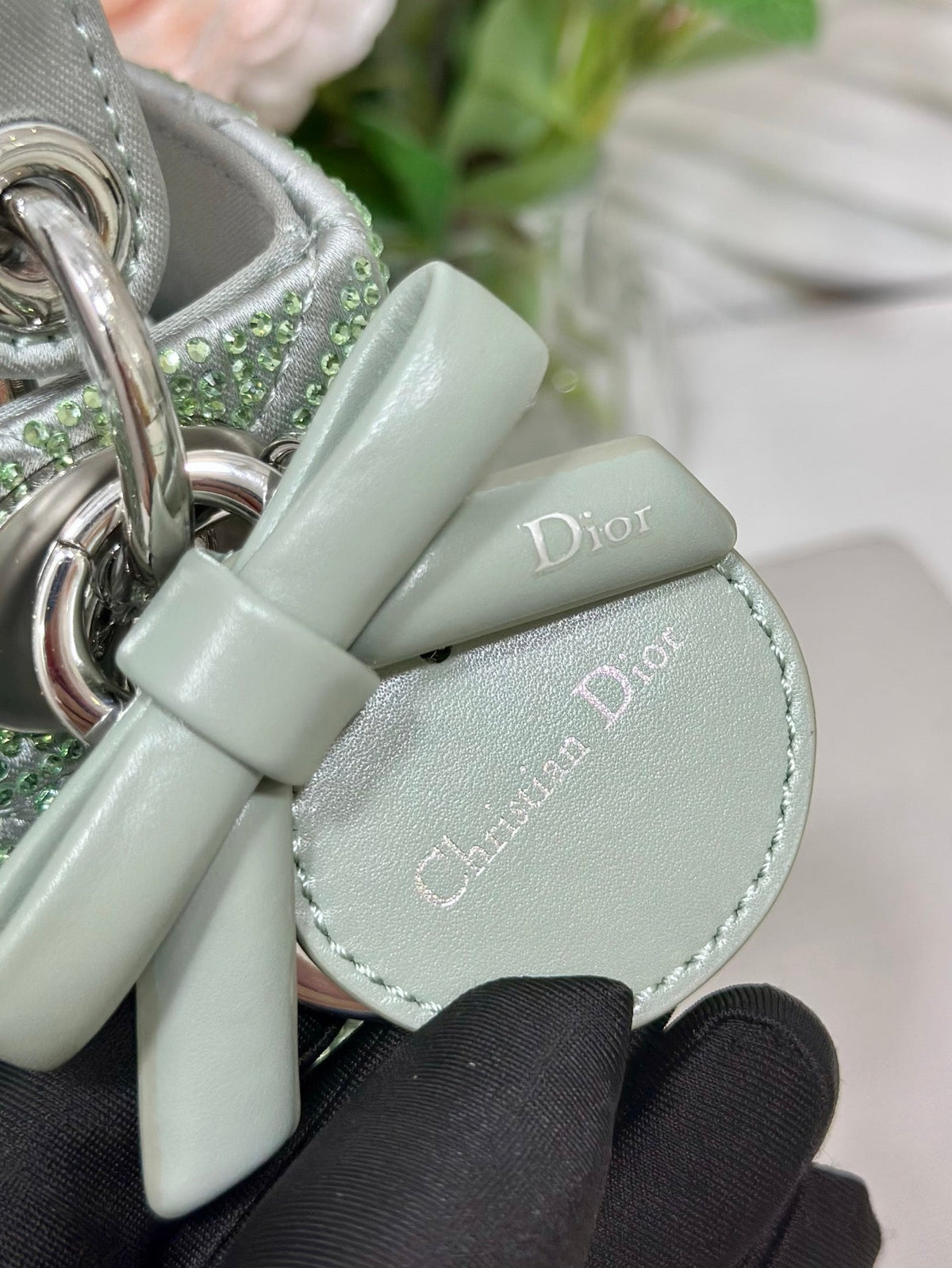 Dior 2026 Lady Dior Bag with Chain 17cm Green Cannage Satin and Strass