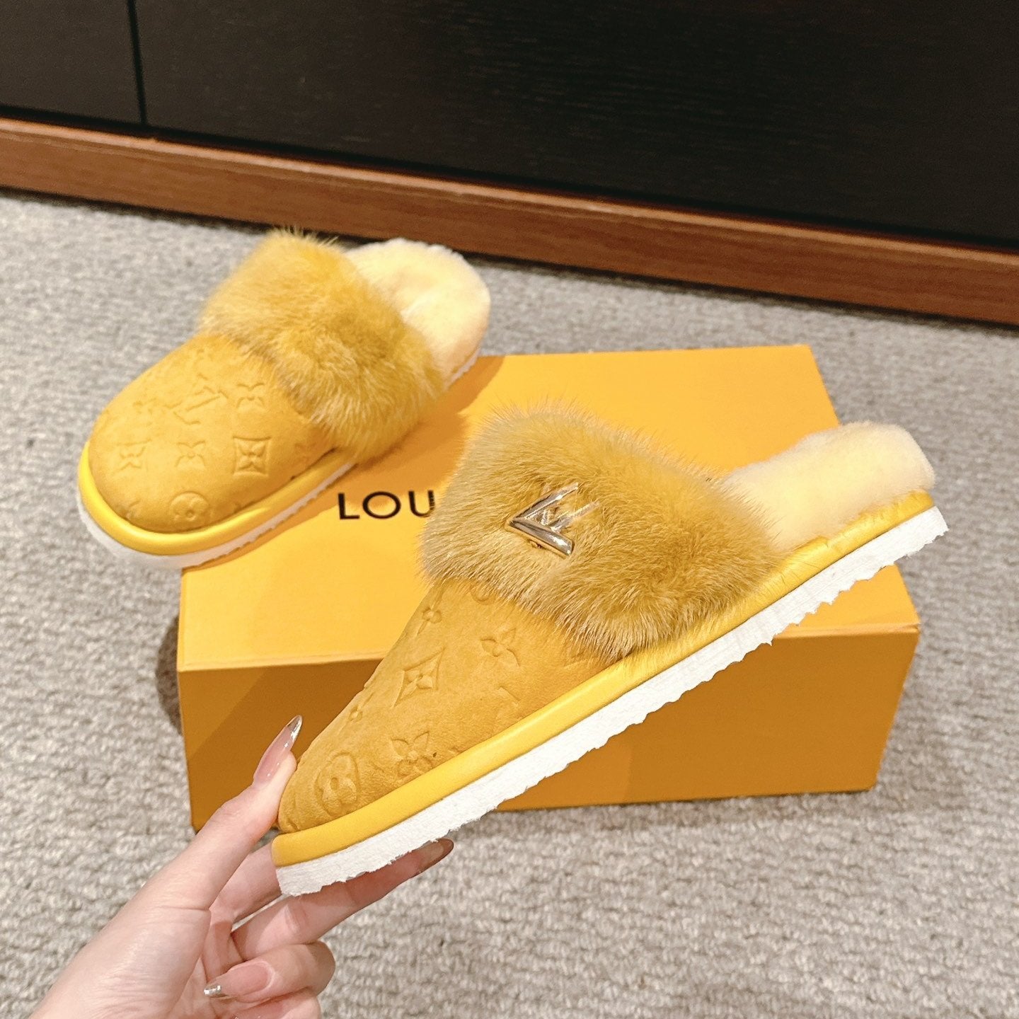 LV Flat Mule Yellow With Fur Monogram Suede