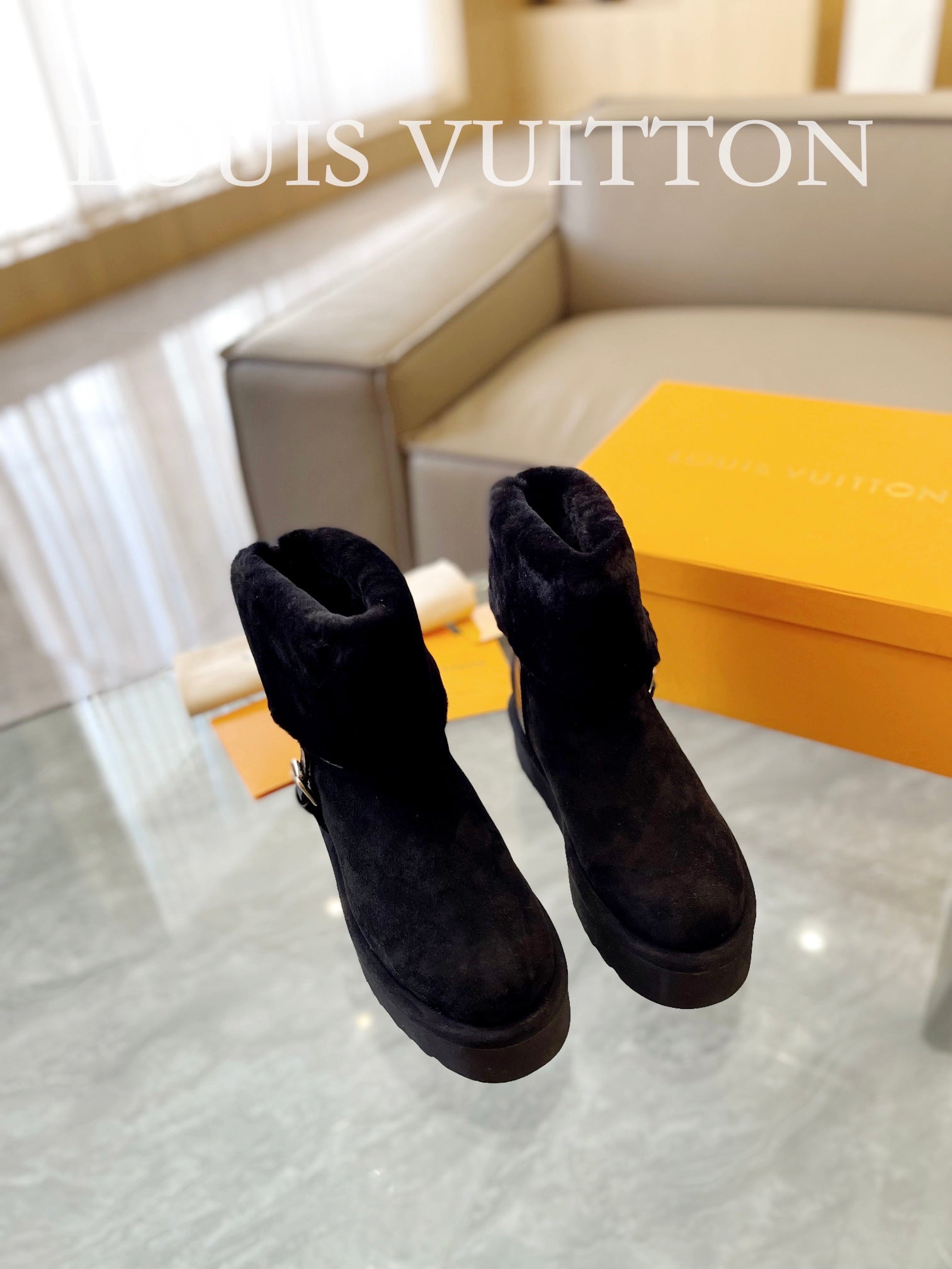 LV Aspen Platform Ankle Boot Black Suede