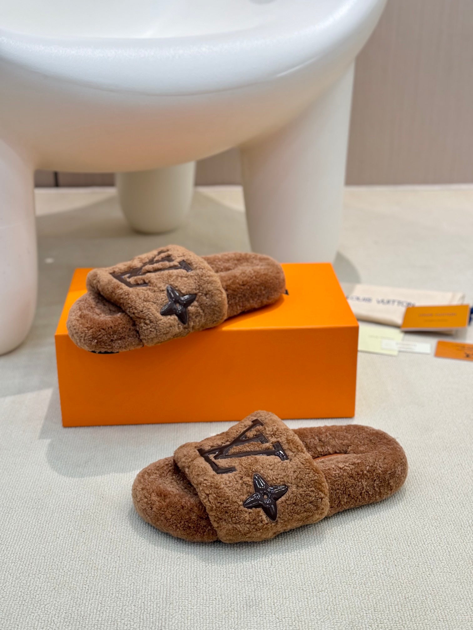 LV Fur Slippers Cocoa Brown With Black Text Pure Wool