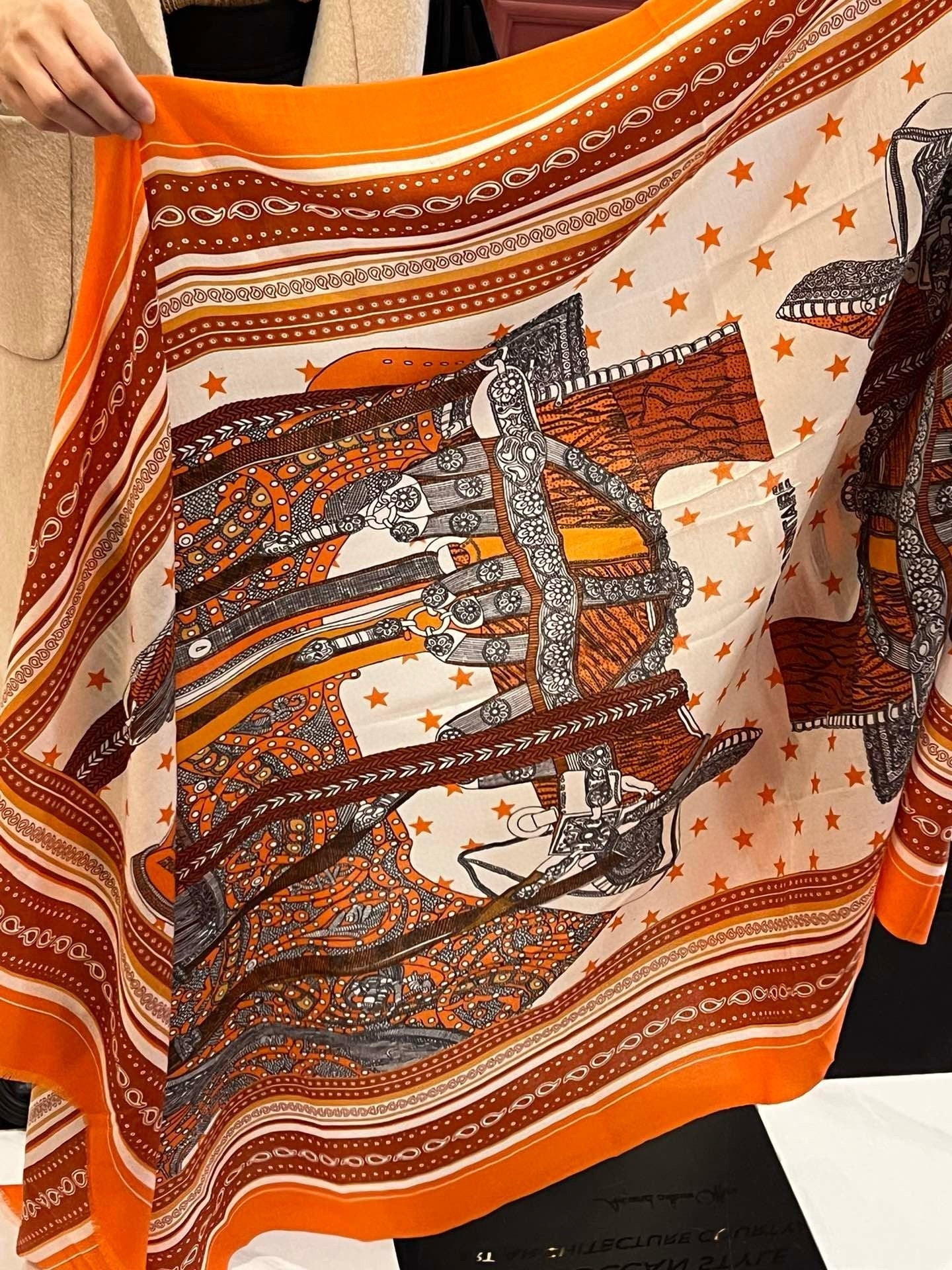 Selle De Dignitaire Bandana Shawl 200 CM In Orange Red Colorful Cashmere 265333