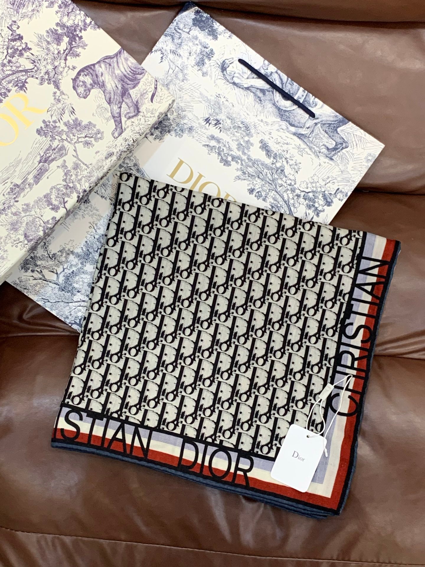 CD Monogram Scarf 140CM Dark Blue Cream Cashmere 293188