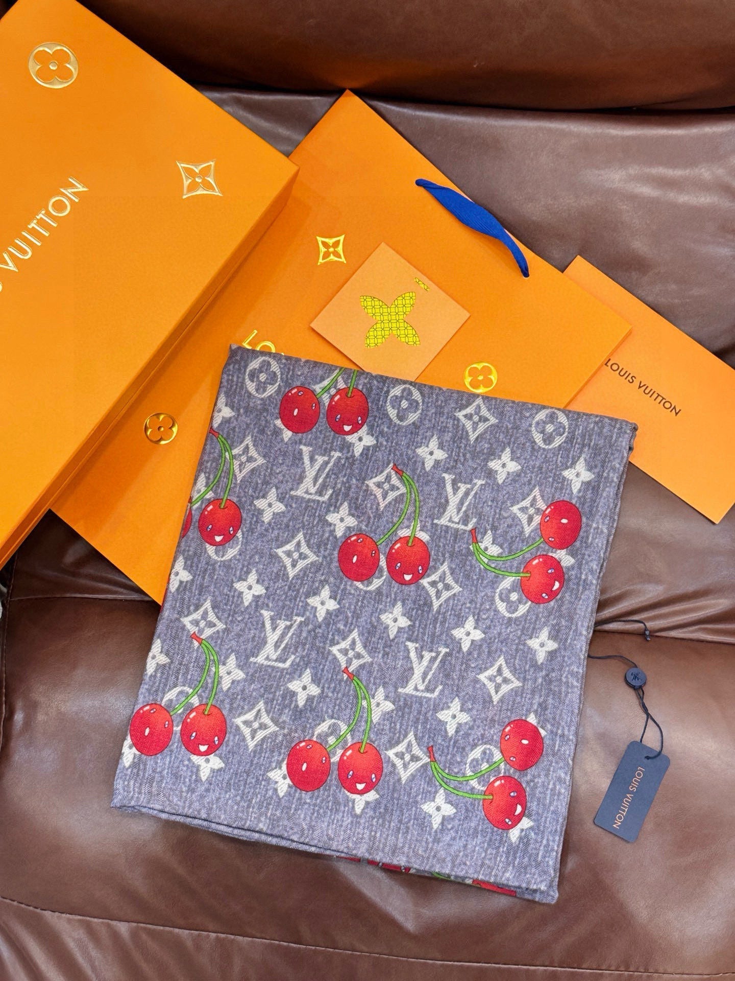 LV X TM Monogram Scarf 180CM Gray Red Cashmere 293171