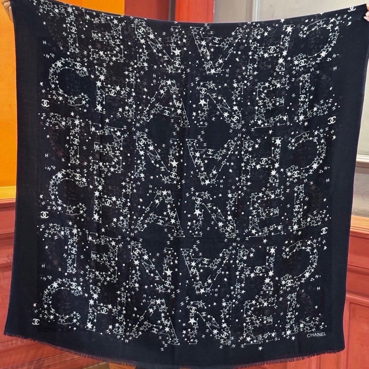 Chanel 2026 Logo Pattern Scarf 200cm Black Cashmere 211959