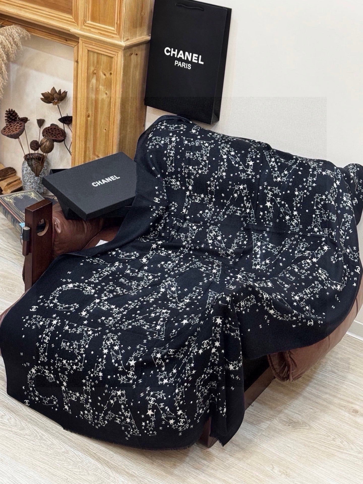 Chanel 2026 Logo Pattern Scarf 200cm Black Cashmere 211959