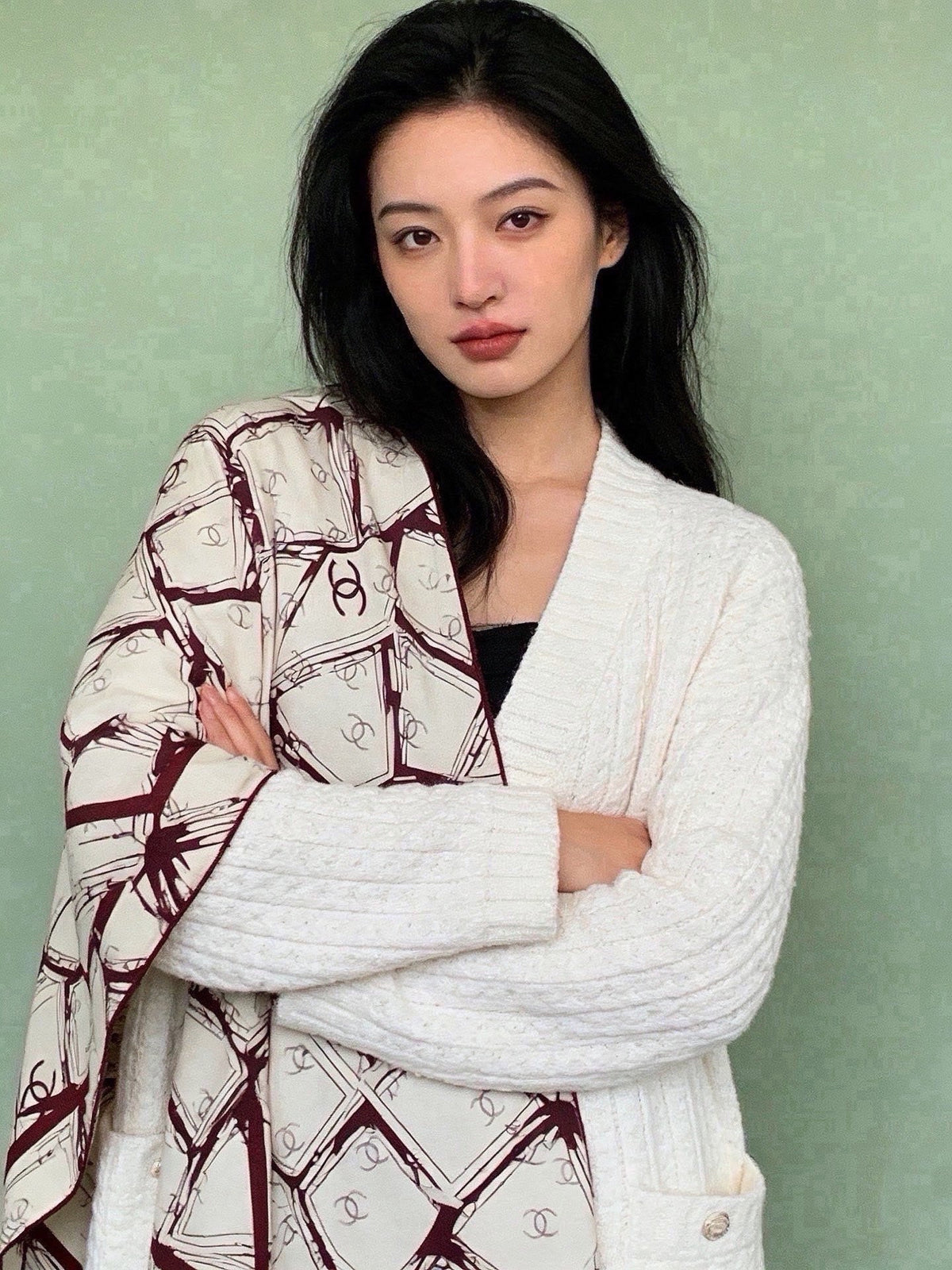 Chanel 2026 Geometric Scarf 135cm Burgundy White Silk And Cashmere 214970